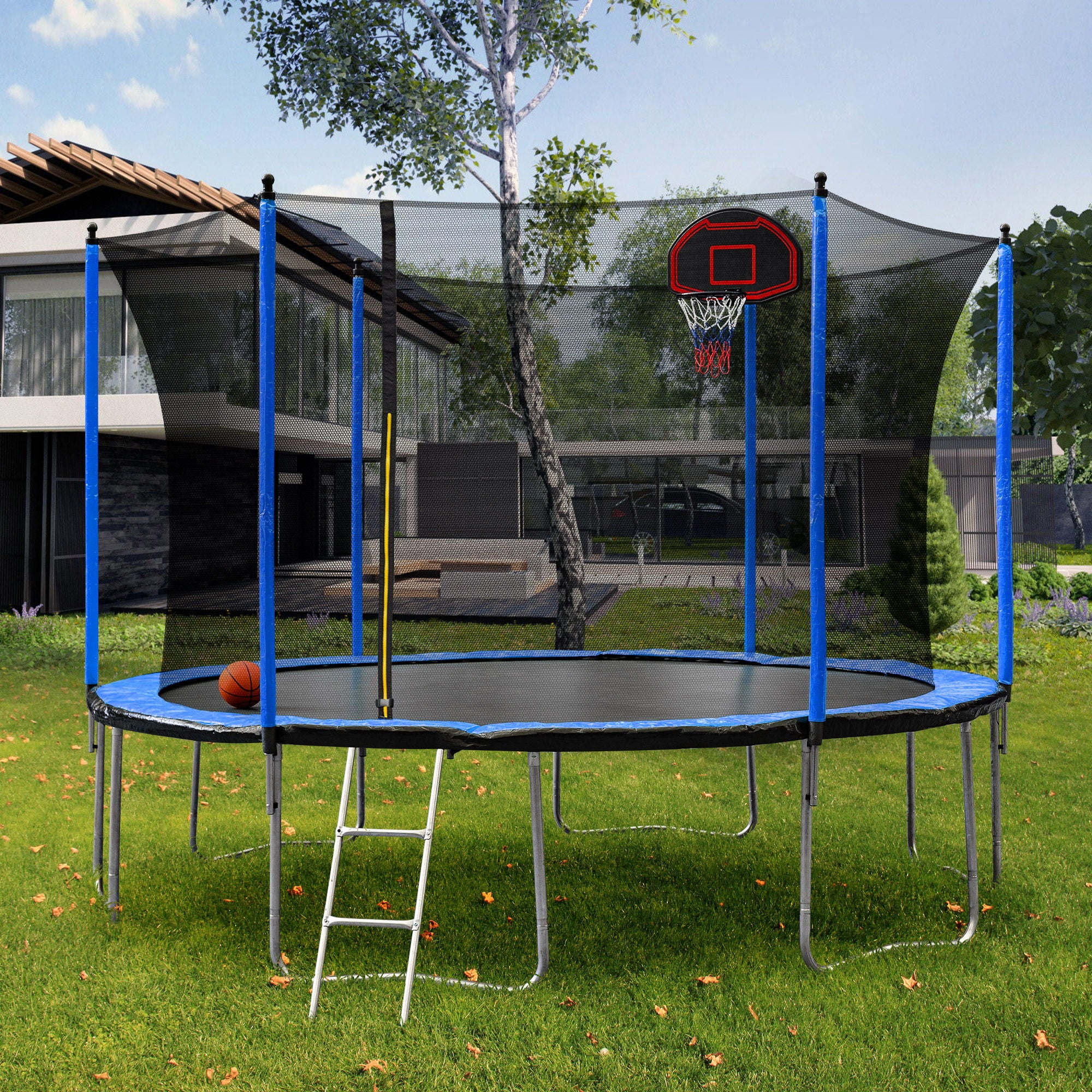 15Ft Trampoline With Basketball Hoop Inflator And Ladder (Inner Safety Enclosure)