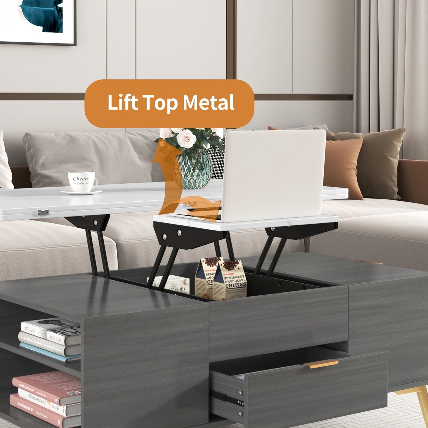 Modern Lift Top Coffee Table Multi Functional Table with Drawers in Gray & White