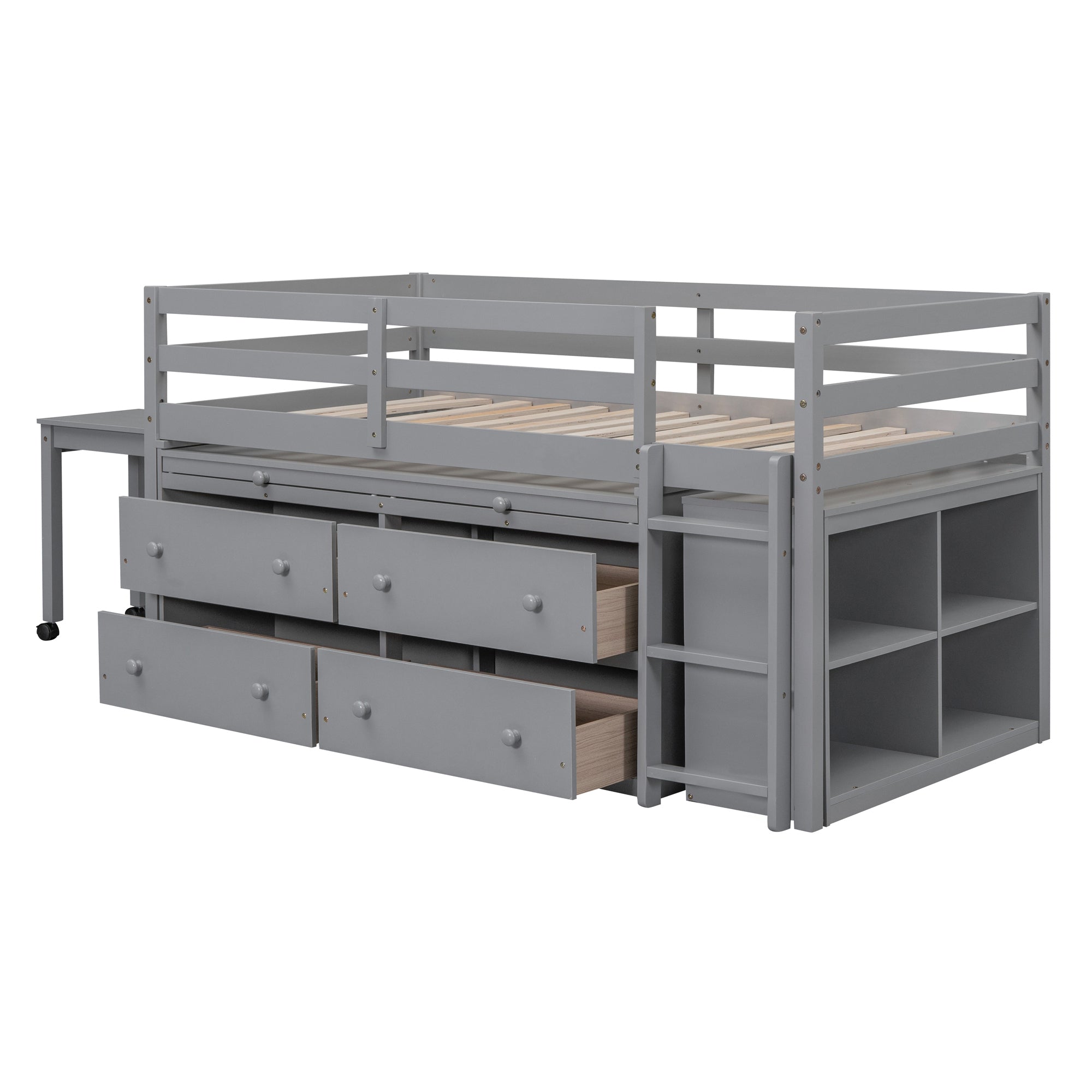 Twin Size Loft Bed with Retractable Writing Desk and 4 Drawers, Wooden Loft Bed with Lateral Portable Desk and Shelves, Gray