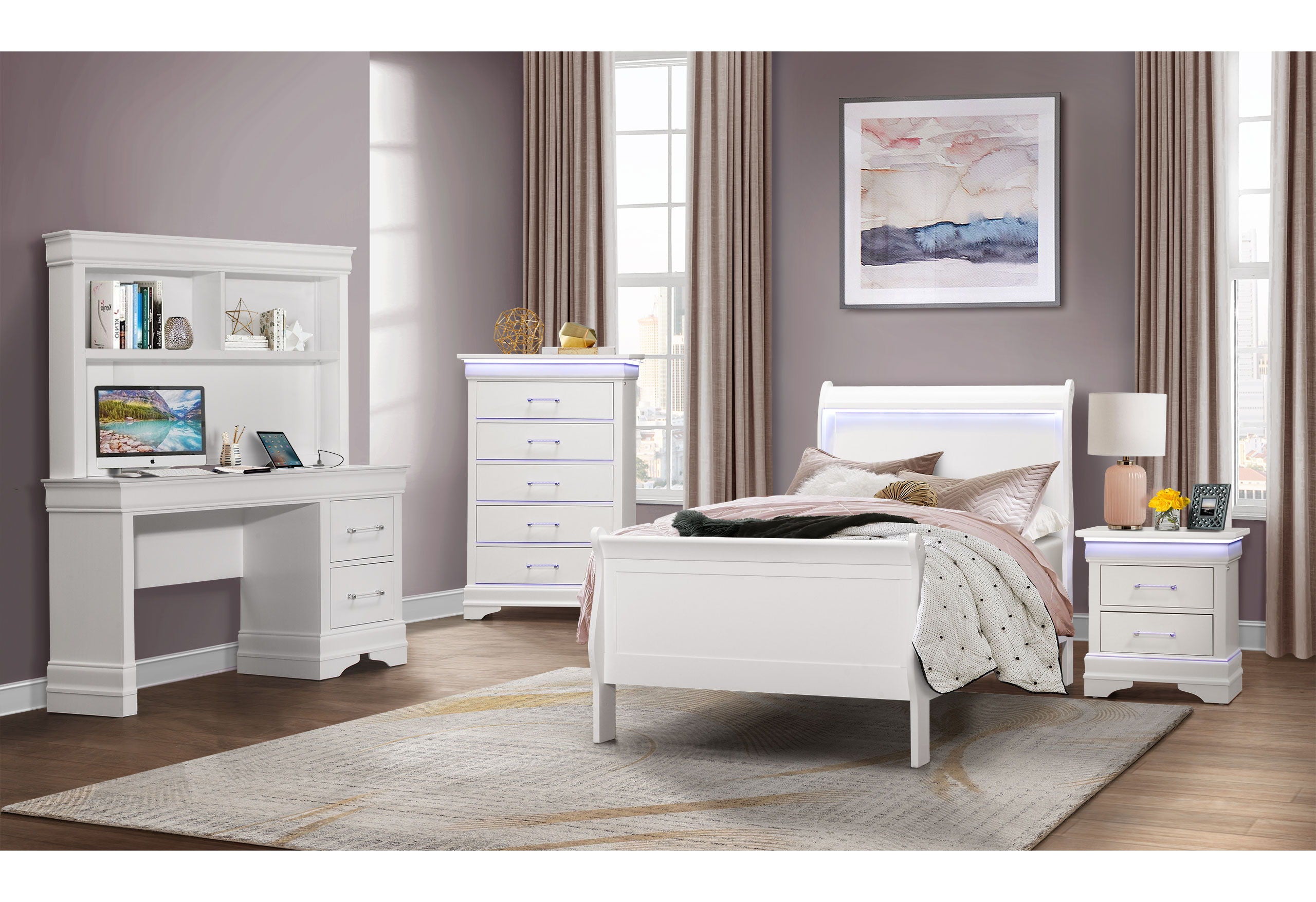 Charlie - 5 Piece Twin Bedroom Set (Bed, Desk With Hutch, Nightstand And Chest) - White