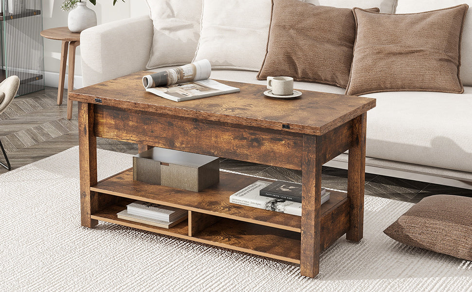 Lift Top Coffee Table, Multi-Functional Coffee Table with Open Shelves, Modern Lift Tabletop Dining Table for Living Room, Home Office, Rustic Brown