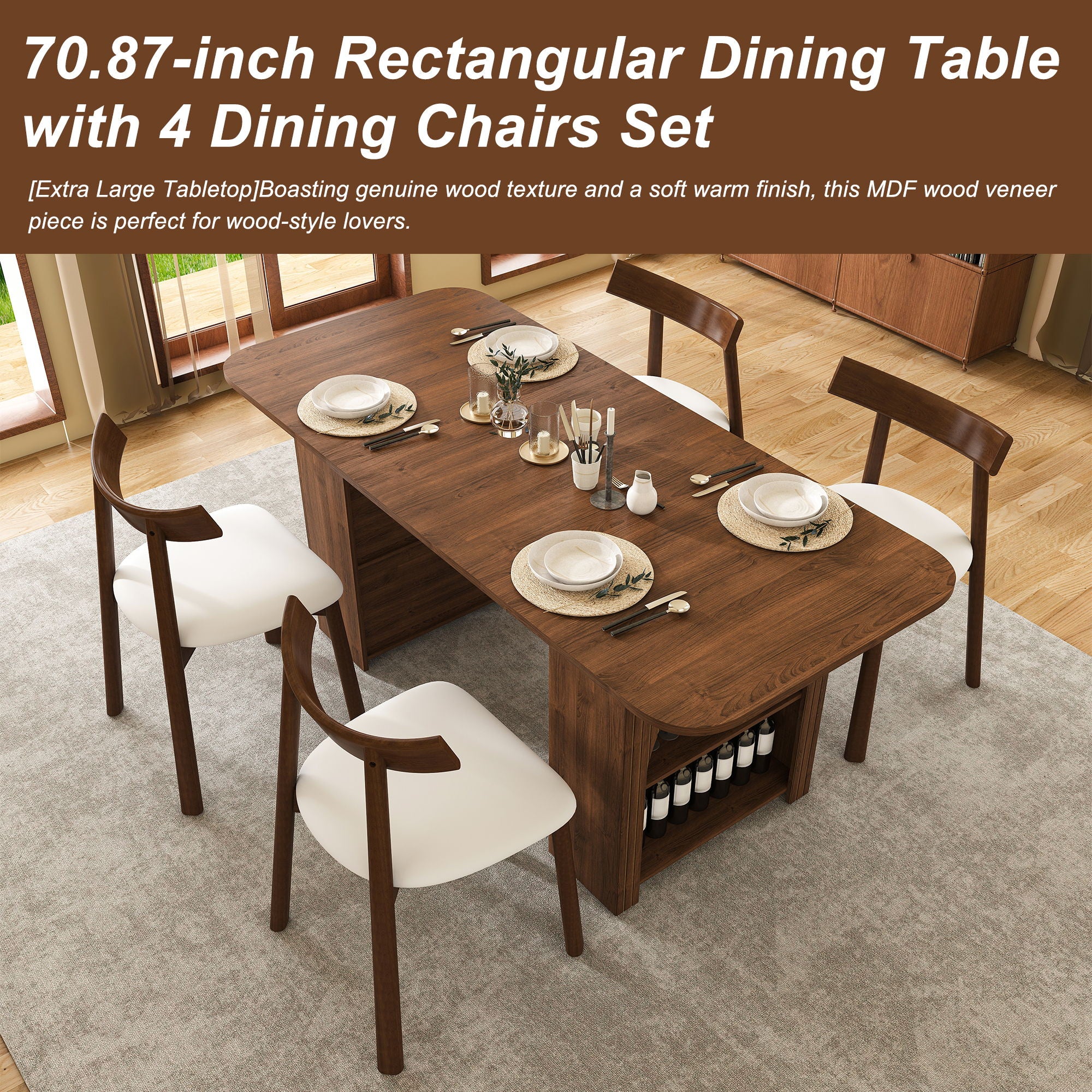 Dining Set With 4 Chairs, Table With Drawers & Open Shelf - Walnut