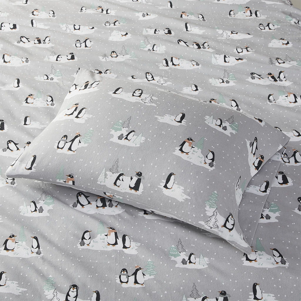 Cozy Flannel - Printed Sheet Set - Gray Penguins