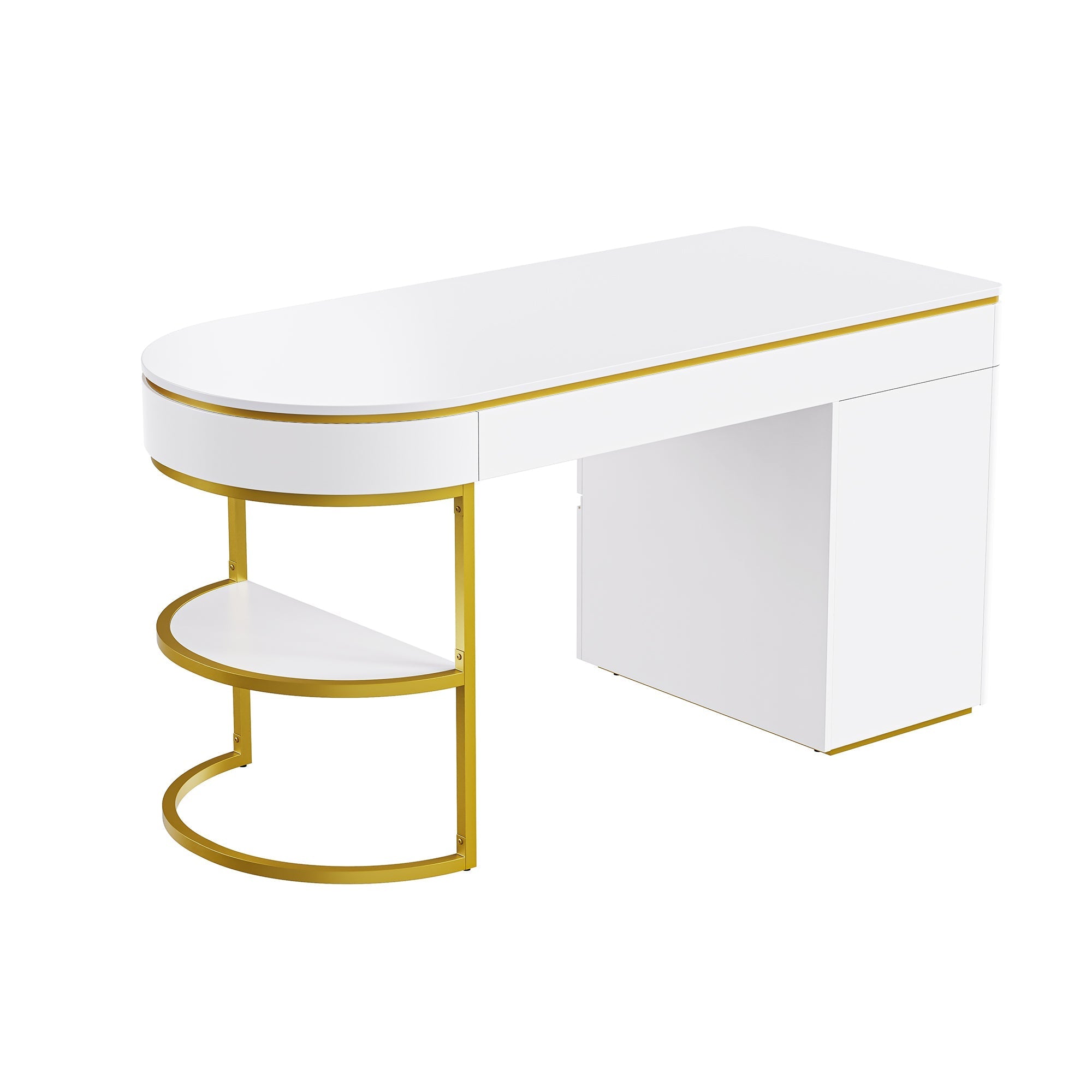 60''Modern Executive Desk,White Curved Computer Desk with Gold Metal Legs,3-Drawers Home Office Desk,Writing Desk with 1 Storage Cabinet for Home Office,Living Room,Gold+White