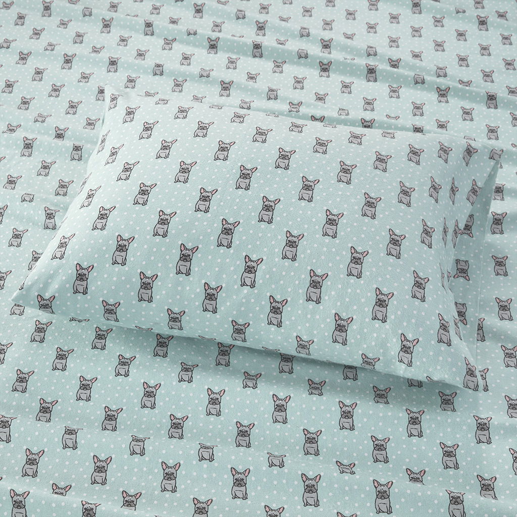 Cozy Flannel - Printed Sheet Set California King - Aqua French Bulldog