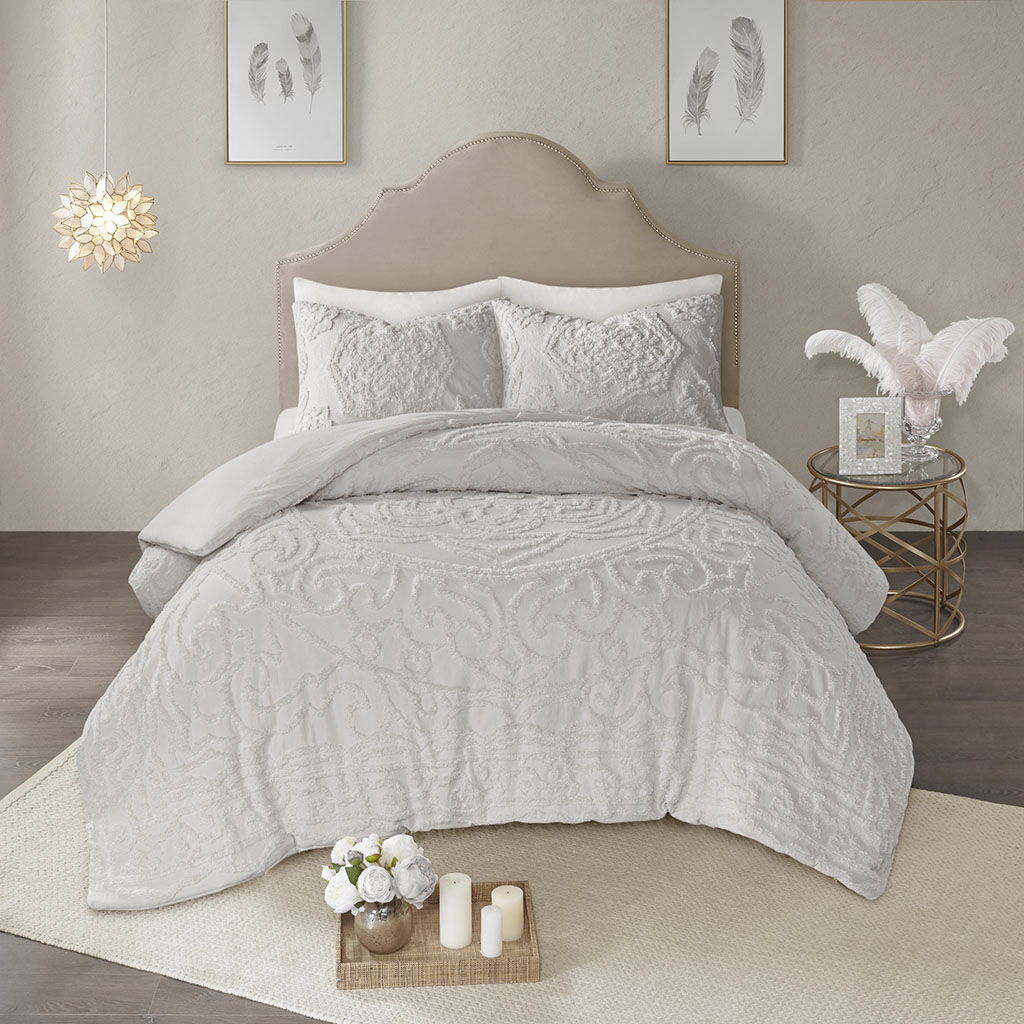 Laetitia - King 3 Piece Tufted Medallion Duvet Cover Set - Gray