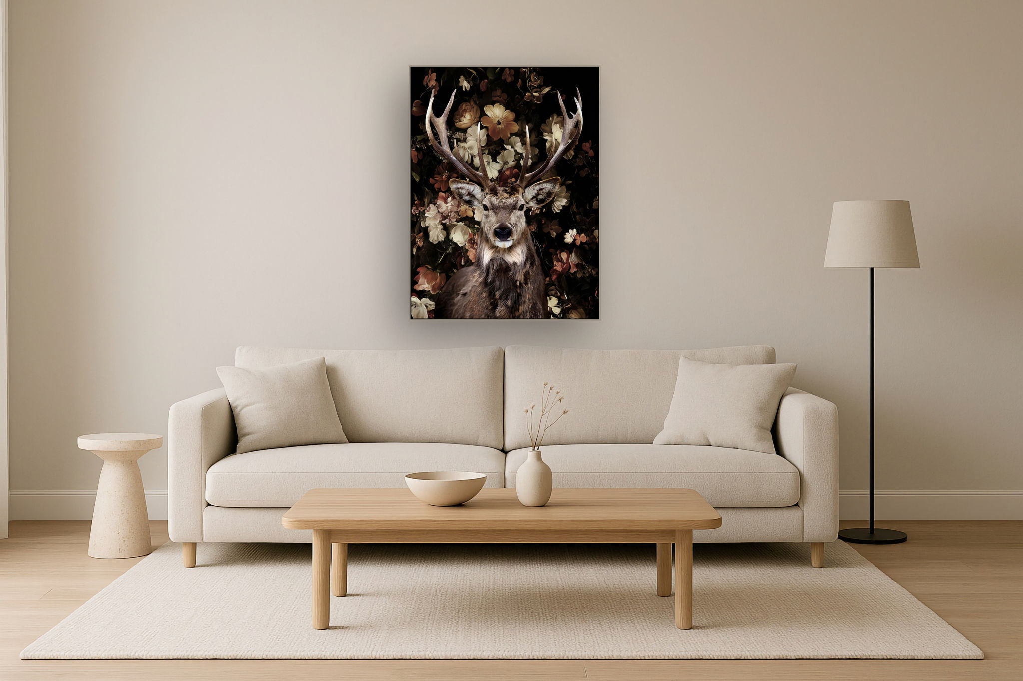 Majestic Stag Florals - 36" x 48" Framed Wall Art - Dark Brown