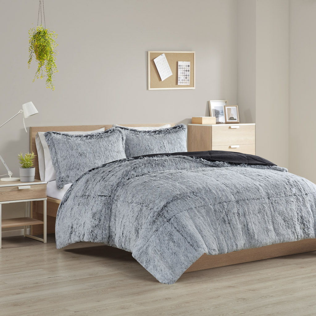 Malea - Shaggy Long Fur Comforter Mini Set - Black / Light Blue