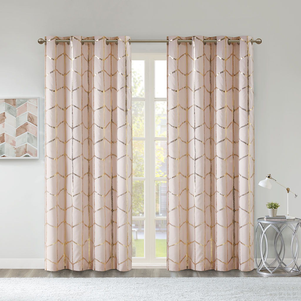 Raina - 84" Total Blackout Metallic Print Grommet Top Curtain Panel - Blush / Gold
