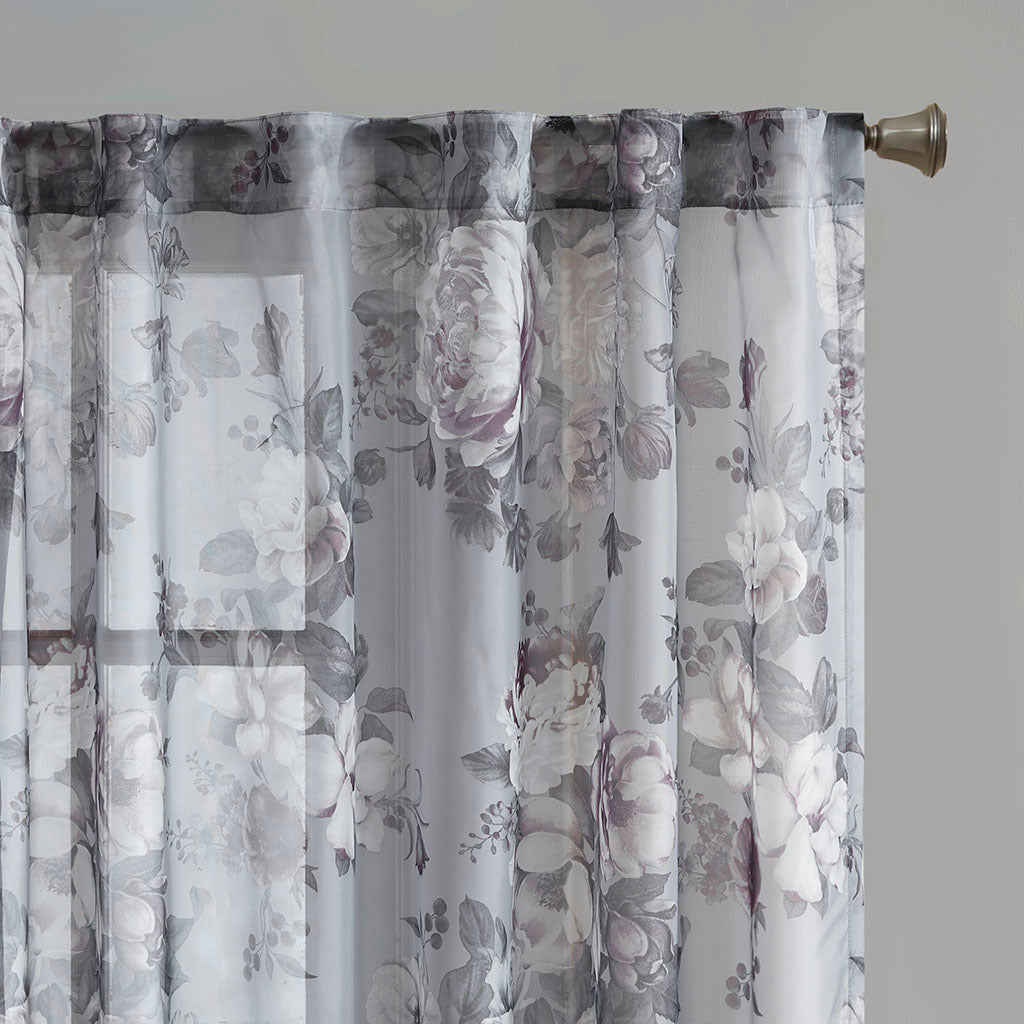 Printed Floral Rod Pocket and Back Tab Voile Sheer Curtain