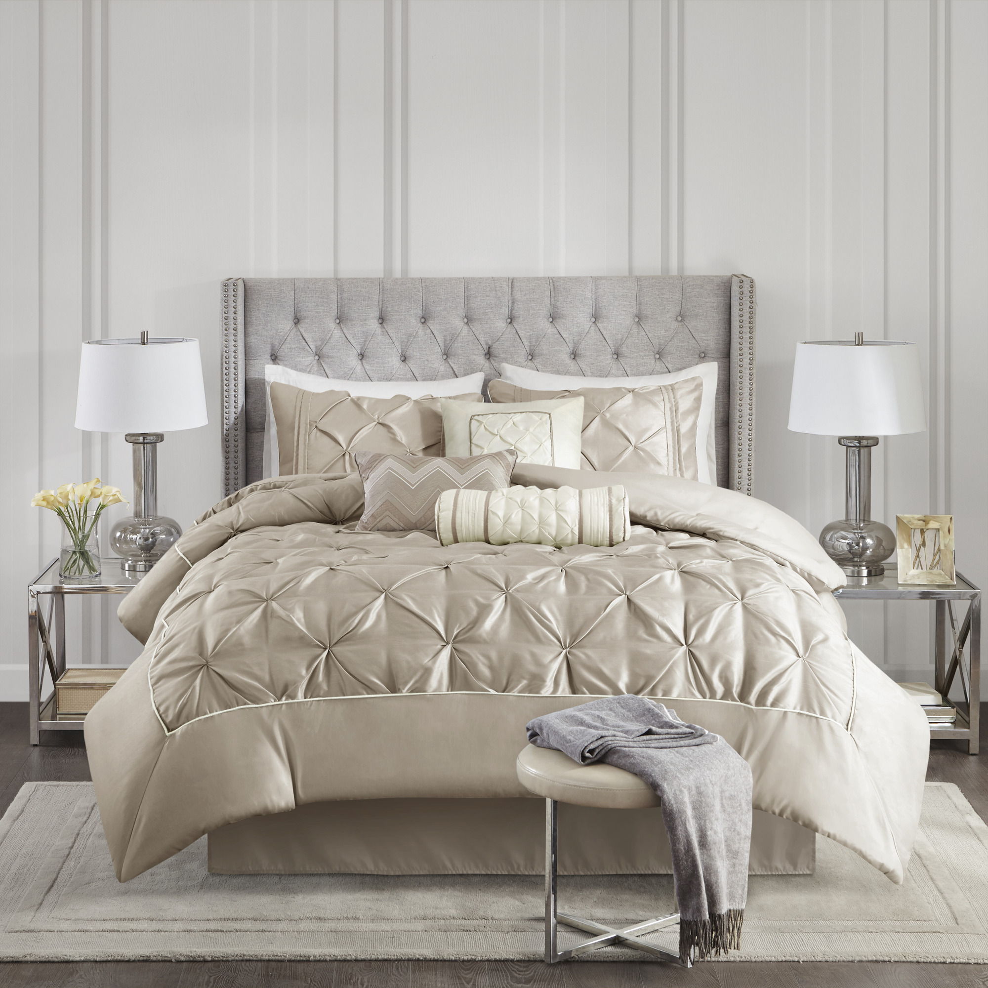 Laurel - Pieced Pleated 7 Piece Tufted Comforter Set - Taupe