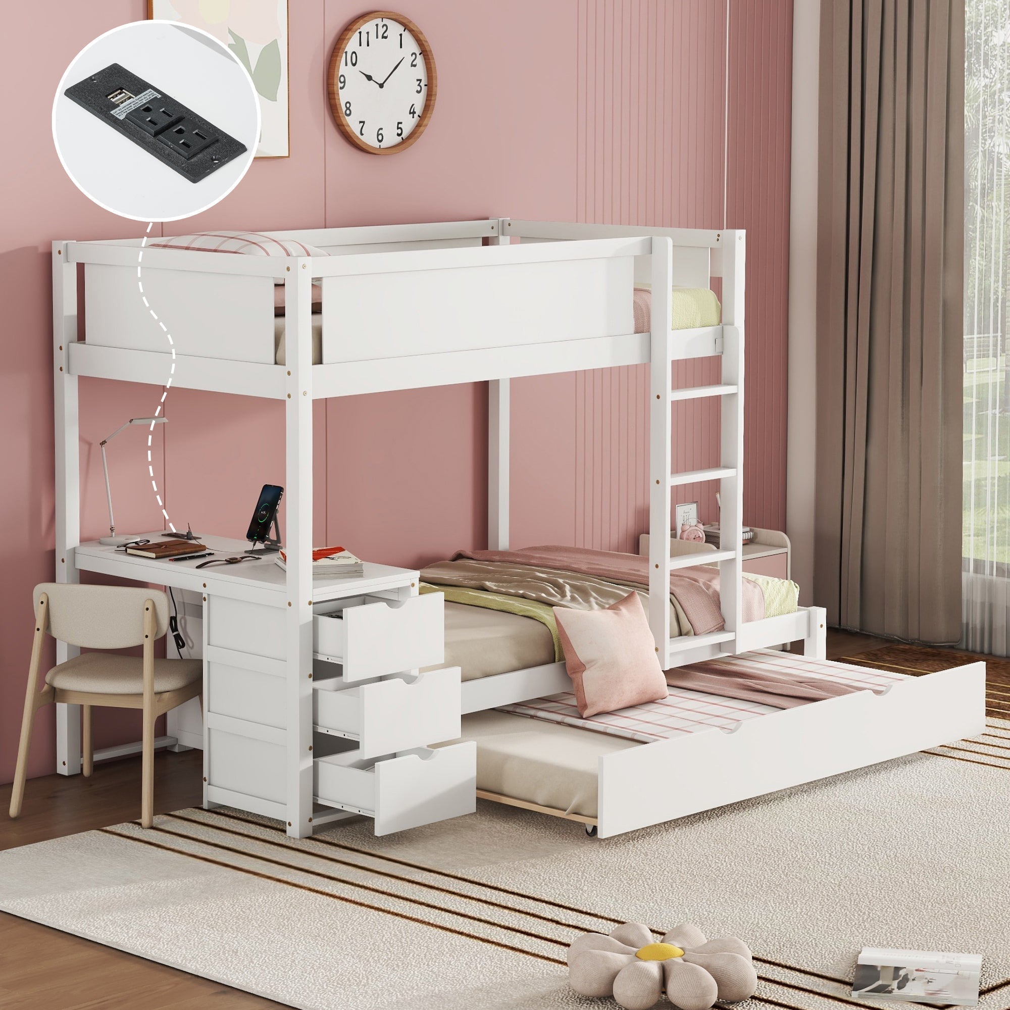 Twin-Over-Twin Bunk Bed with Twin size Trundle, Storage and Desk, White