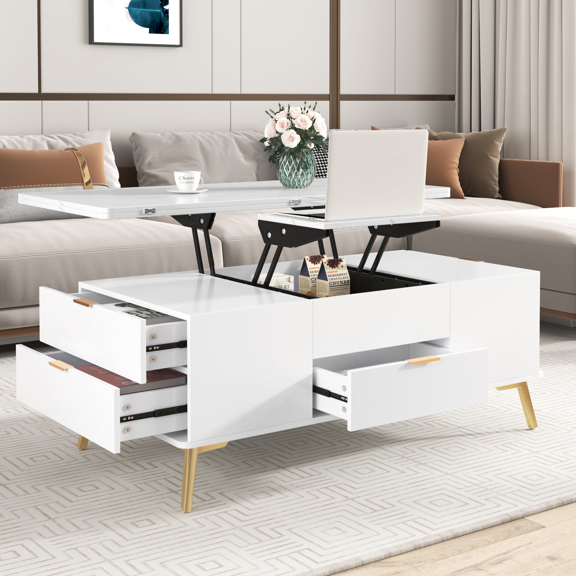 Modern Lift Top Coffee Table Multi Functional Table with Drawers in  White