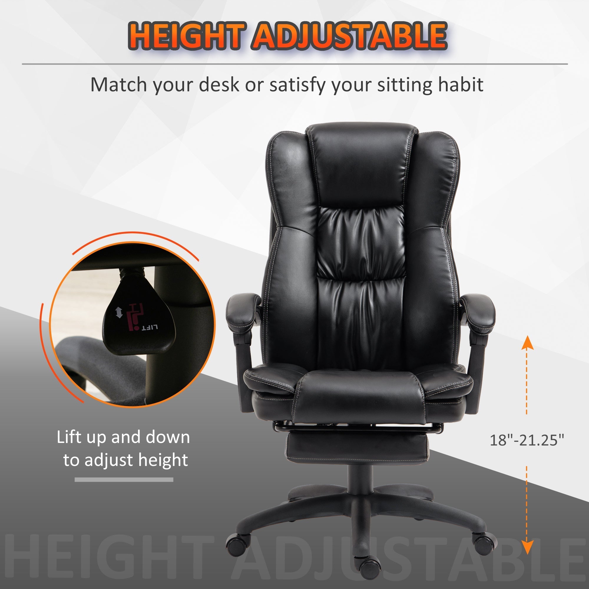 High Back Massage Office Chair with 6-Point Vibration, 5 Modes, Executive Chair, PU Leather Swivel Chair with Reclining Back, and Retractable Footrest, Black