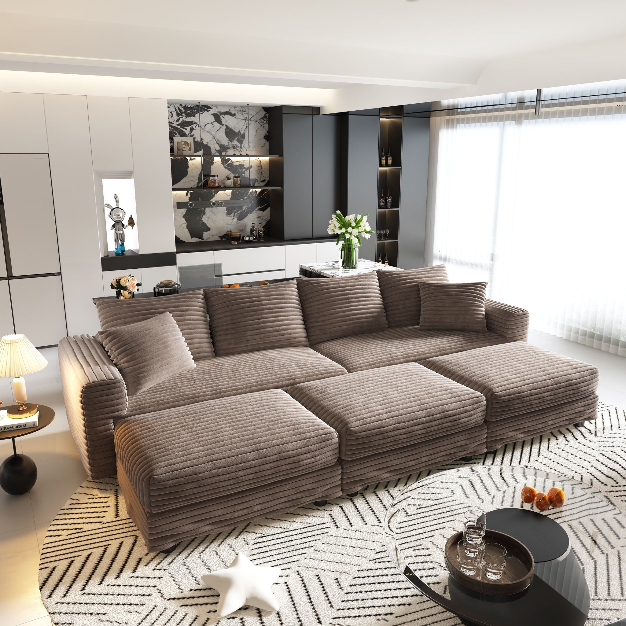 Deep Seat Convertible Sofa With Soft Pillows And Ottomans