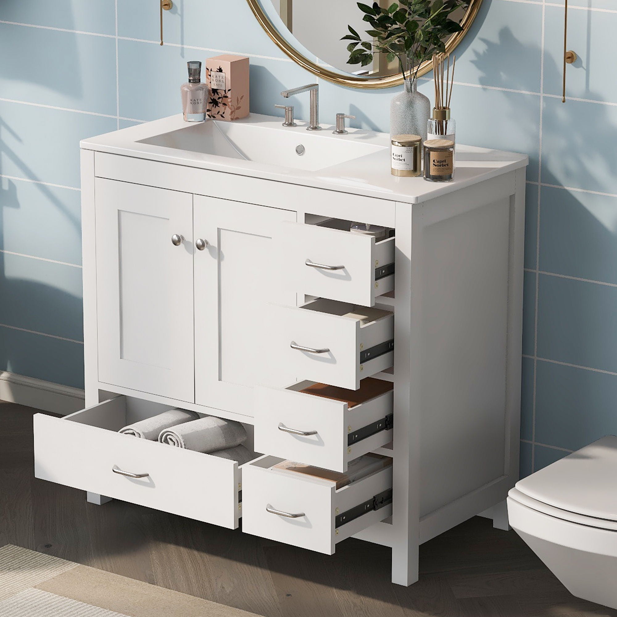 Bathroom Vanity With Ceramic Sink Combo, Abundant Storage Cabinet -2 Soft-Close Doors And 5 Drawers