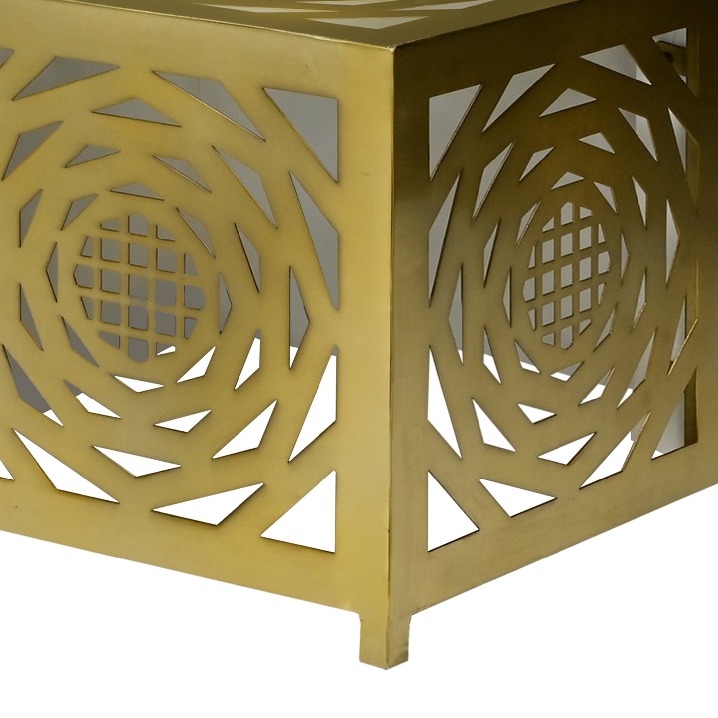 48 Inch Rectangular Modern Coffee Table with Geometric Cut Out Design, White and Brass