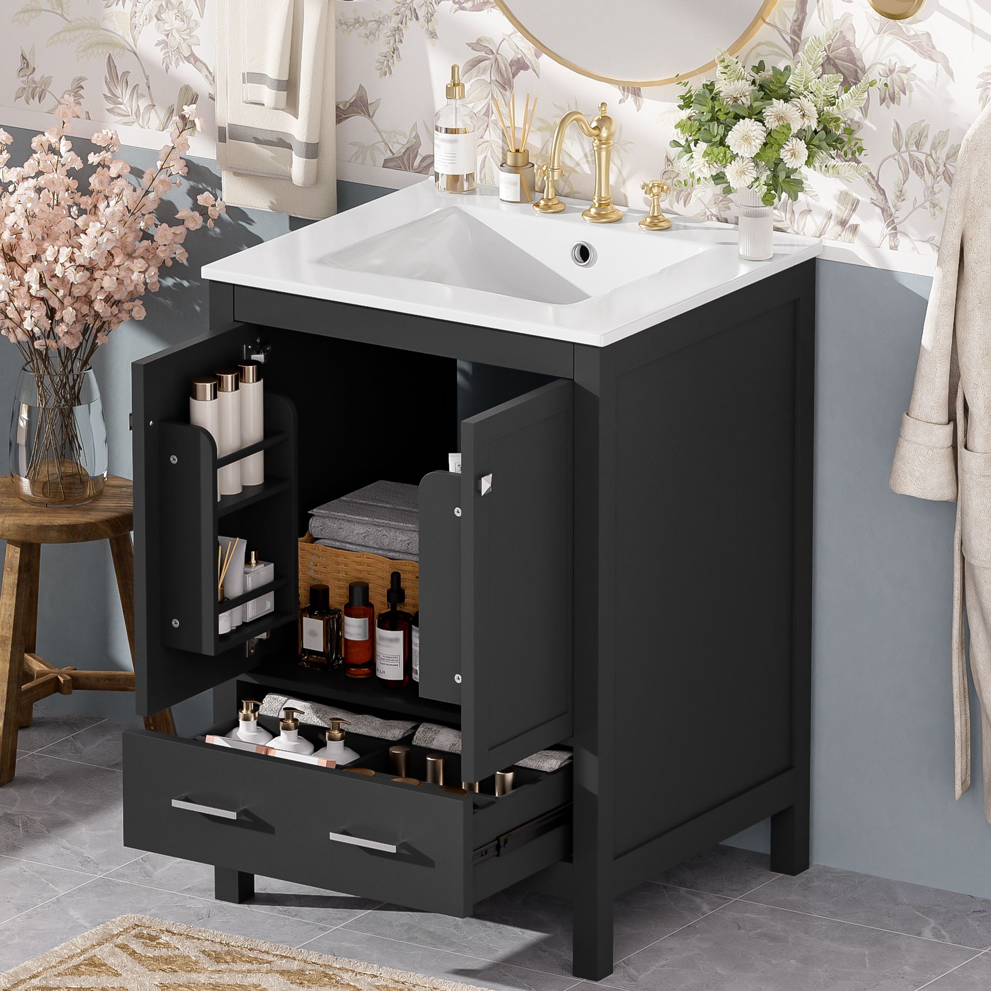 Bathroom Vanity With Integrated Undermount Ceramic Sink, 2 Doors And 1 Drawer, Soft Close Hinges