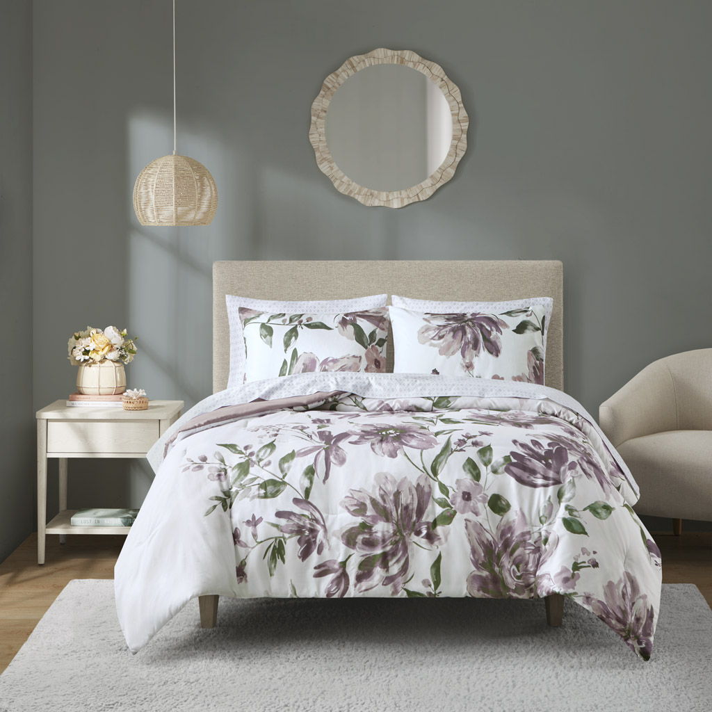 Alice - Queen Floral Comforter Set With Bed Sheets - Mauve
