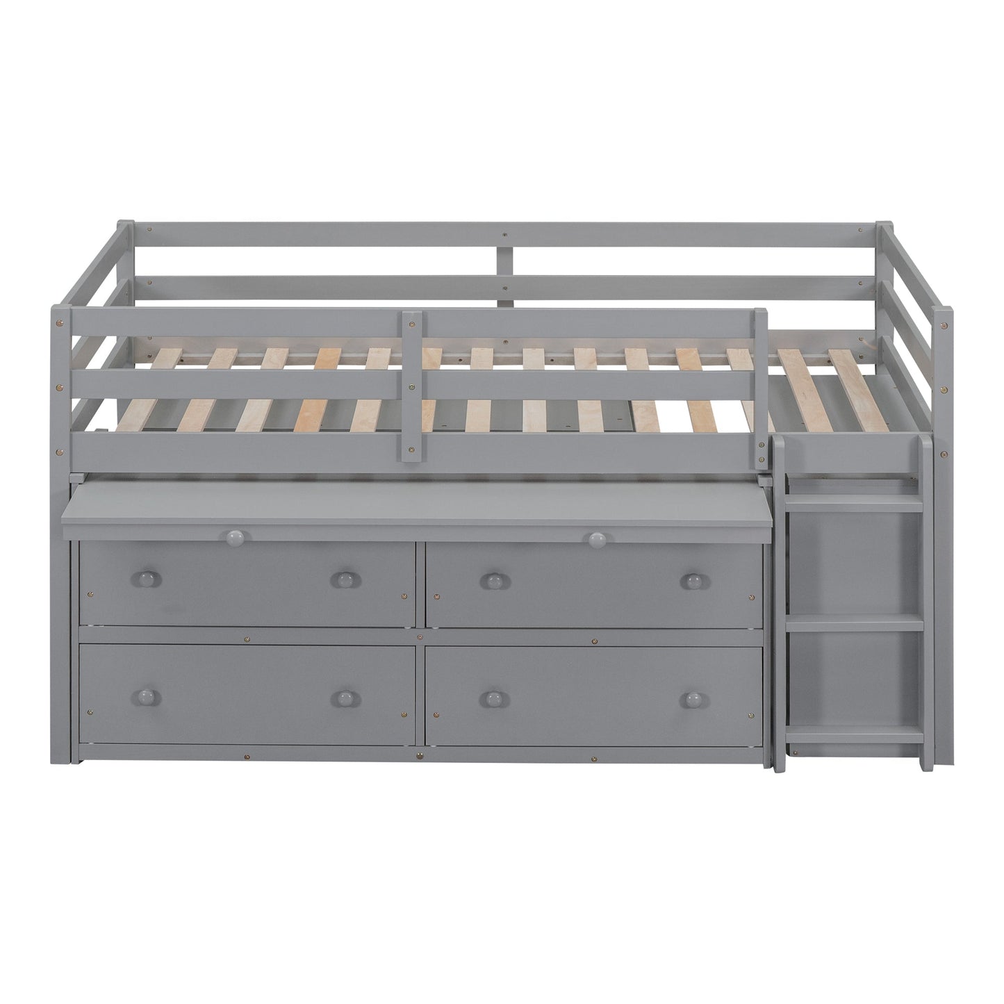 Twin Size Loft Bed with Retractable Writing Desk and 4 Drawers, Wooden Loft Bed with Lateral Portable Desk and Shelves, Gray