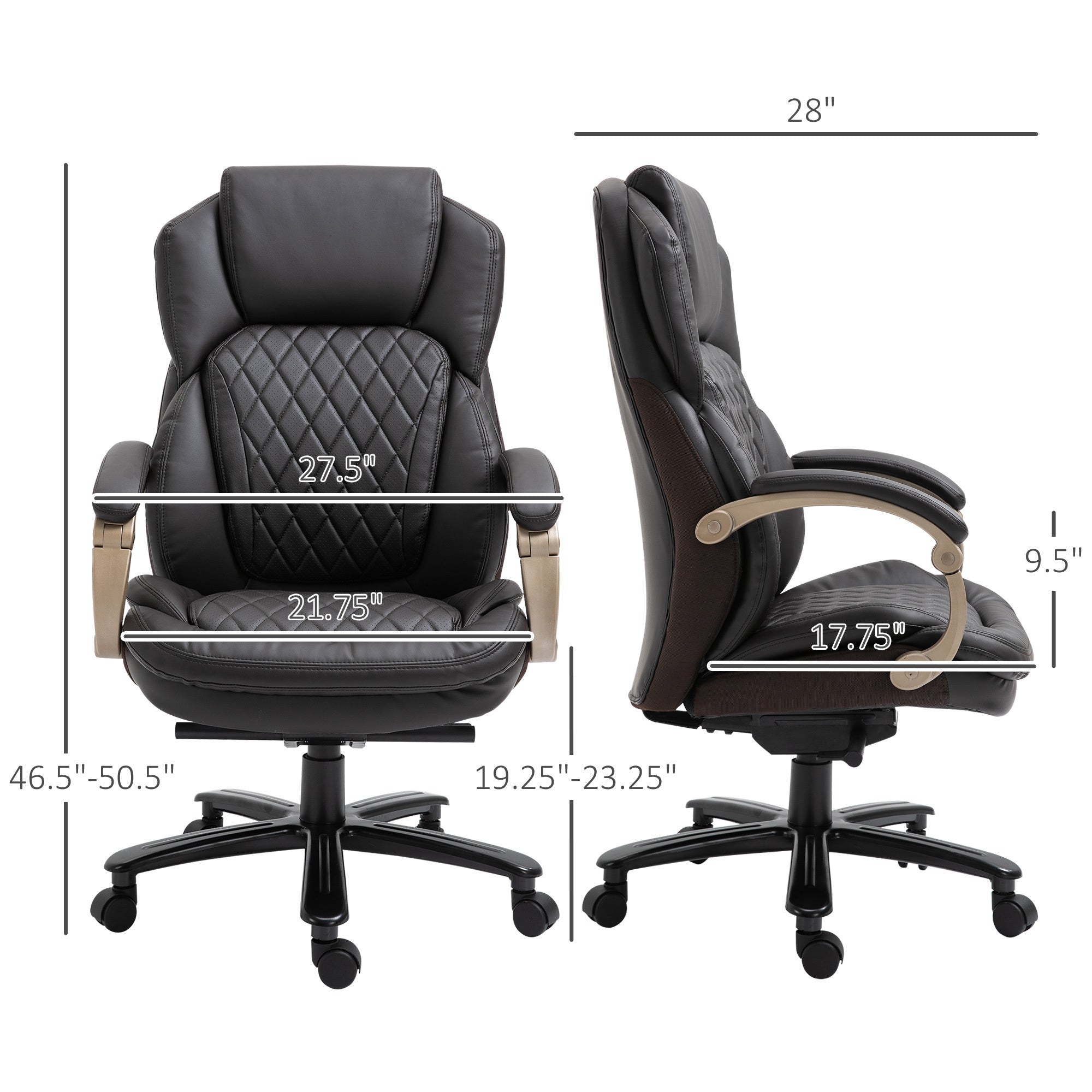 Big and Tall Executive Office Chair with Wide Seat, Computer Desk Chair with High Back Diamond Stitching, Adjustable Height & Swivel Wheels, Brown