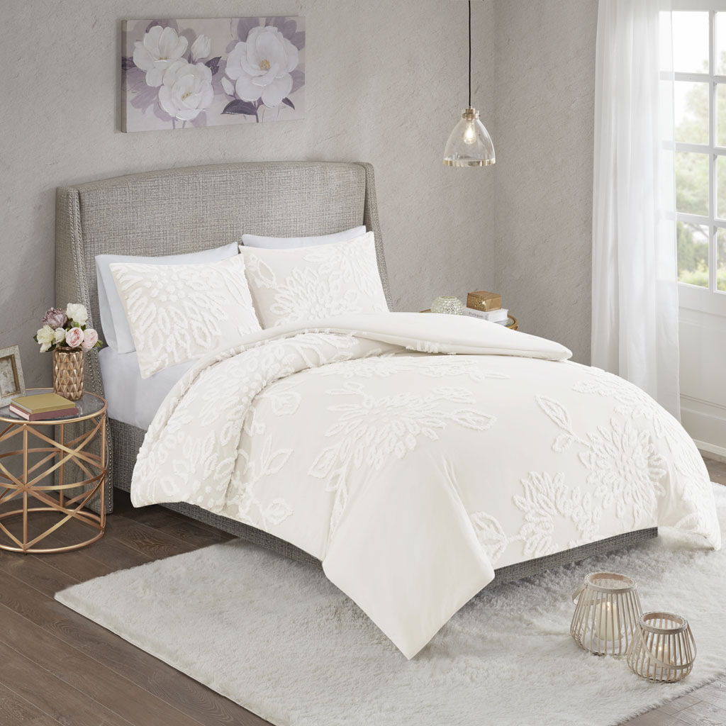 Veronica - 3 Piece Tufted Floral Duvet Cover Set - Off White