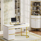 Modern 60'' Executive Desk and 74.8"Tall Corner Bookshelf Suite,Curved Computer Desk with Metal Legs,Fan-Shaped and Wooden Standing bookcase with Drawer,Doors for Home Office,Living Room,Gold+White