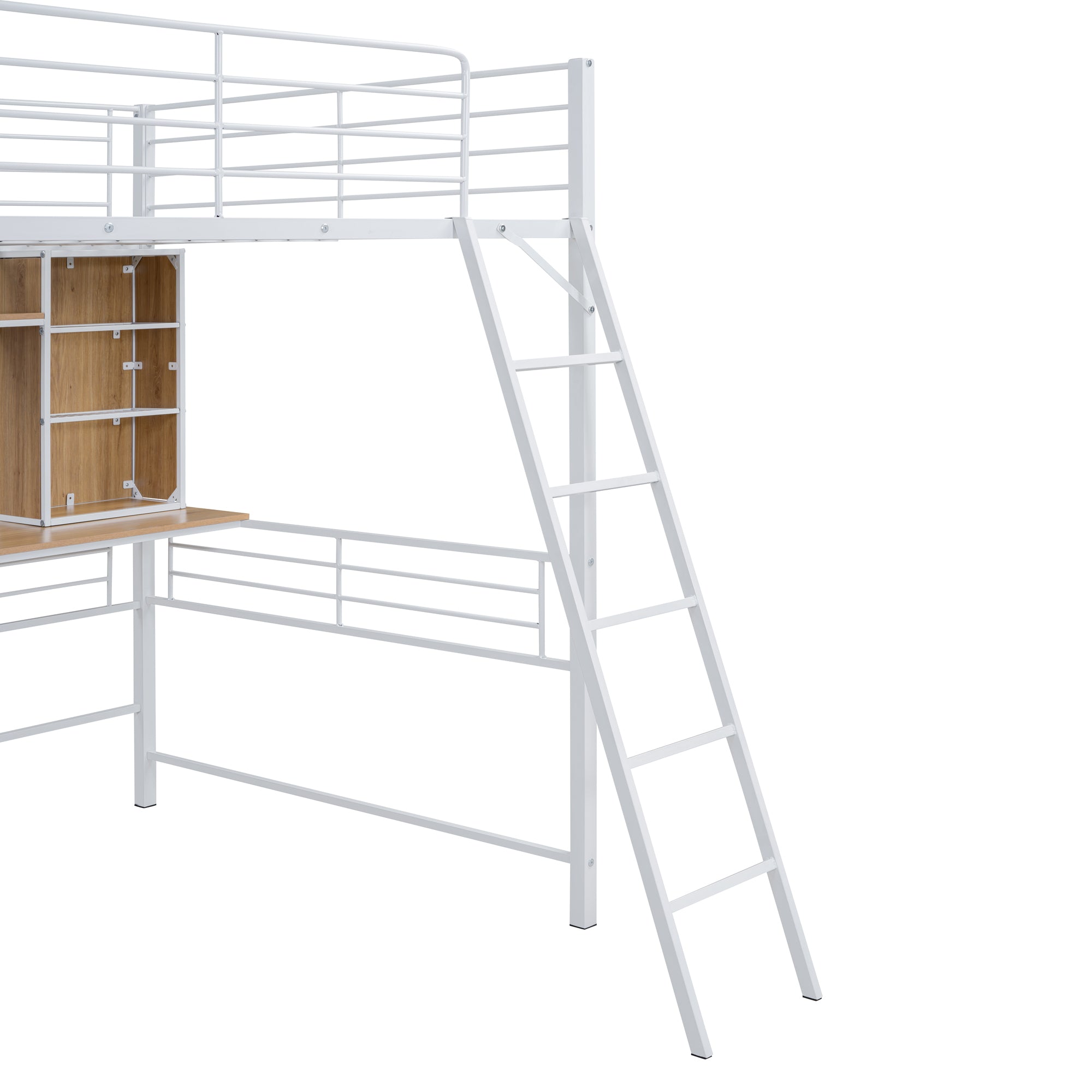 Full Size Loft Bed with Desk and Shelf, Loft Bed with Ladder,Full,White