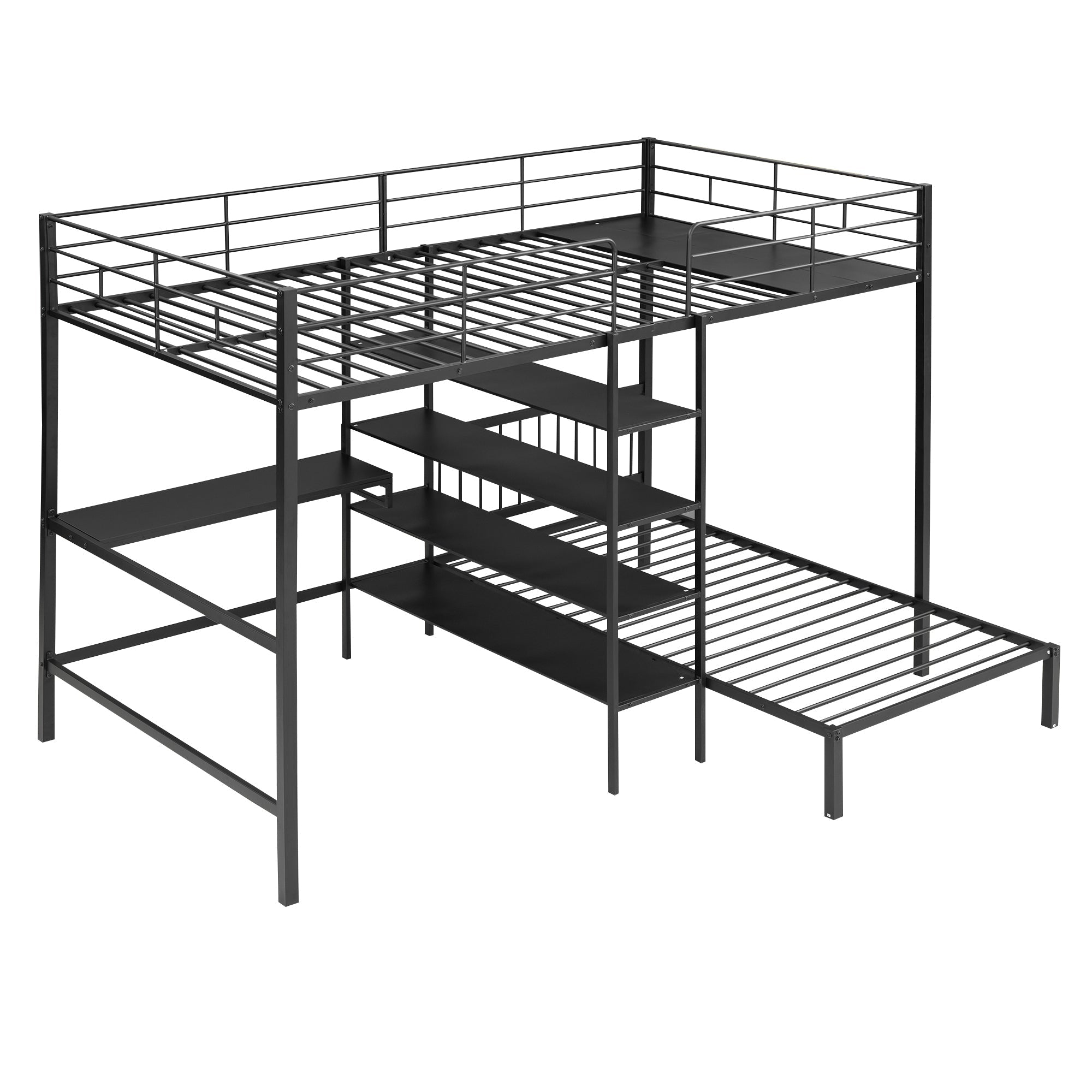 Full Over Twin Metal Bunk Bed with Built-in Desk, Shelves and Ladder, Black