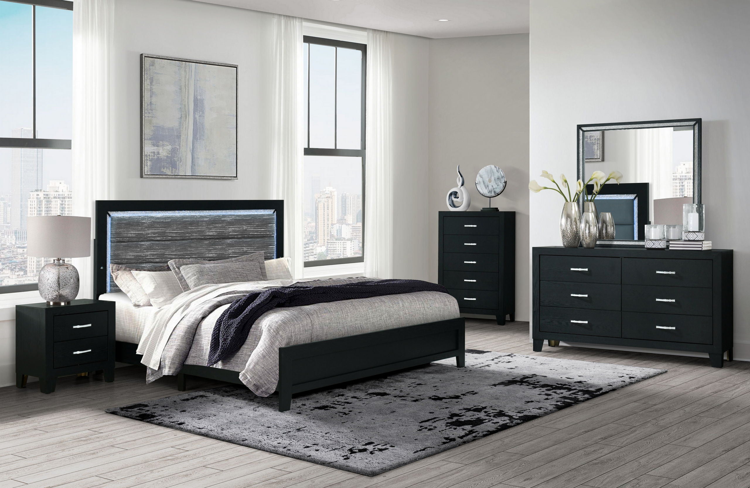 Reid - 5 Piece Full Bedroom Set With LED - Black