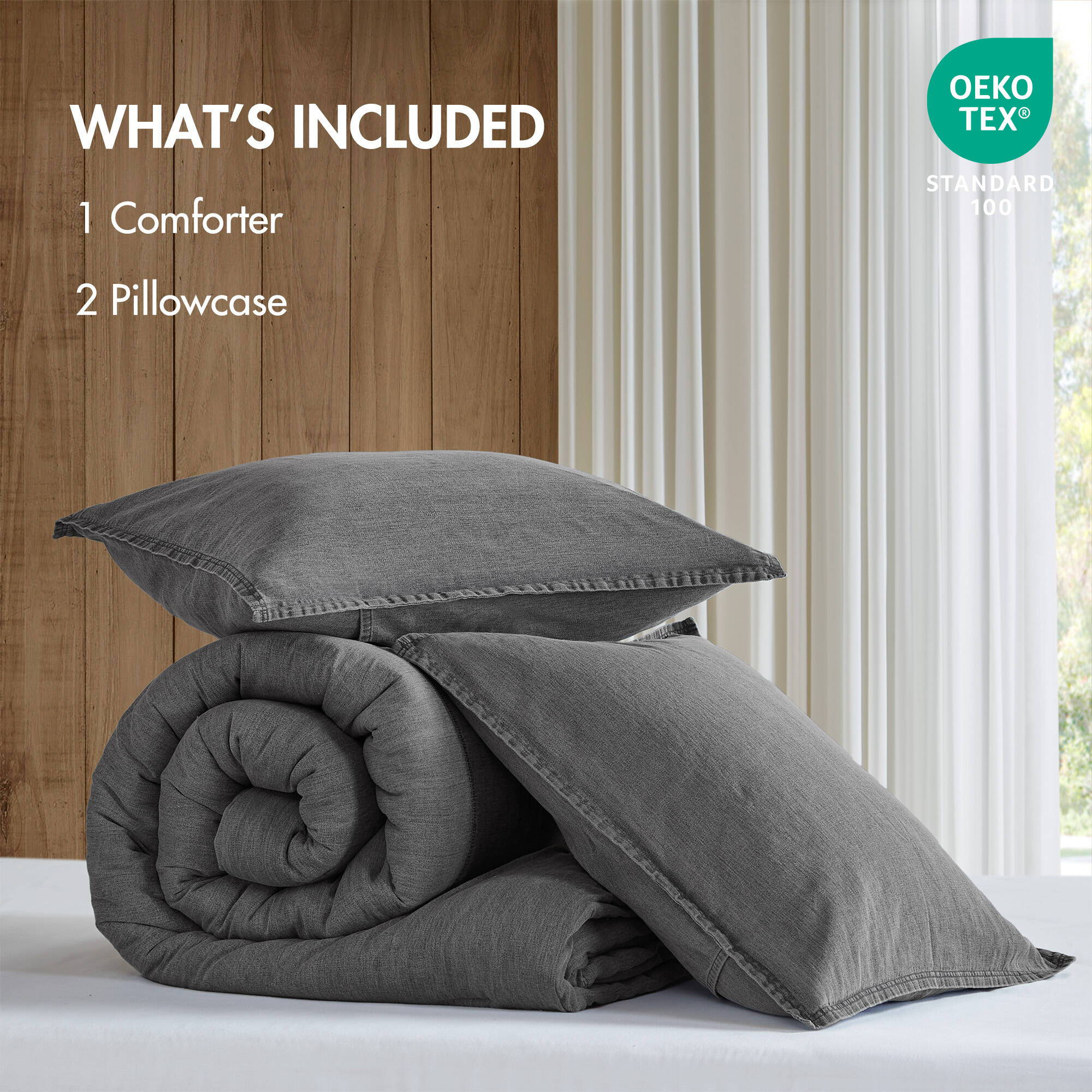 Mckenzie - 3 Piece Full/Queen Twill Washed Comforter Set - Gray