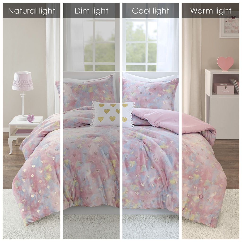 Rosalie - 4 Piece Full/Queen Metallic Printed Plush Comforter Set With Throw Pillow - Pink Multi/Gold
