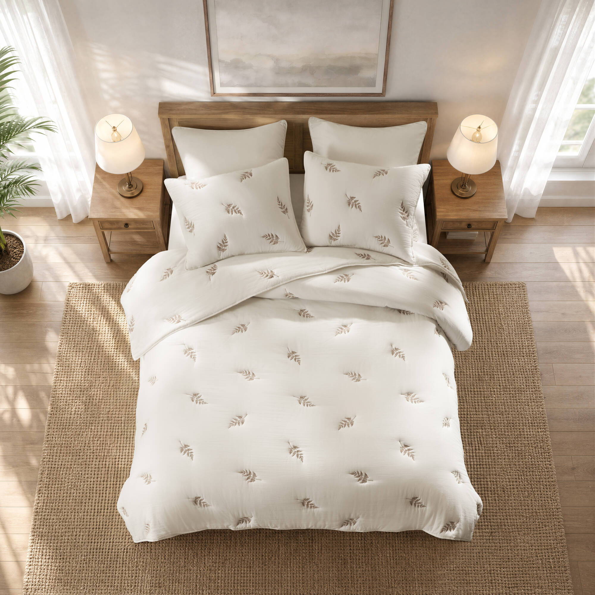 Willow Embroidered Botanical - King/California King 100% Cotton Lightweight 3 Piece Quilt Set - White / Gray
