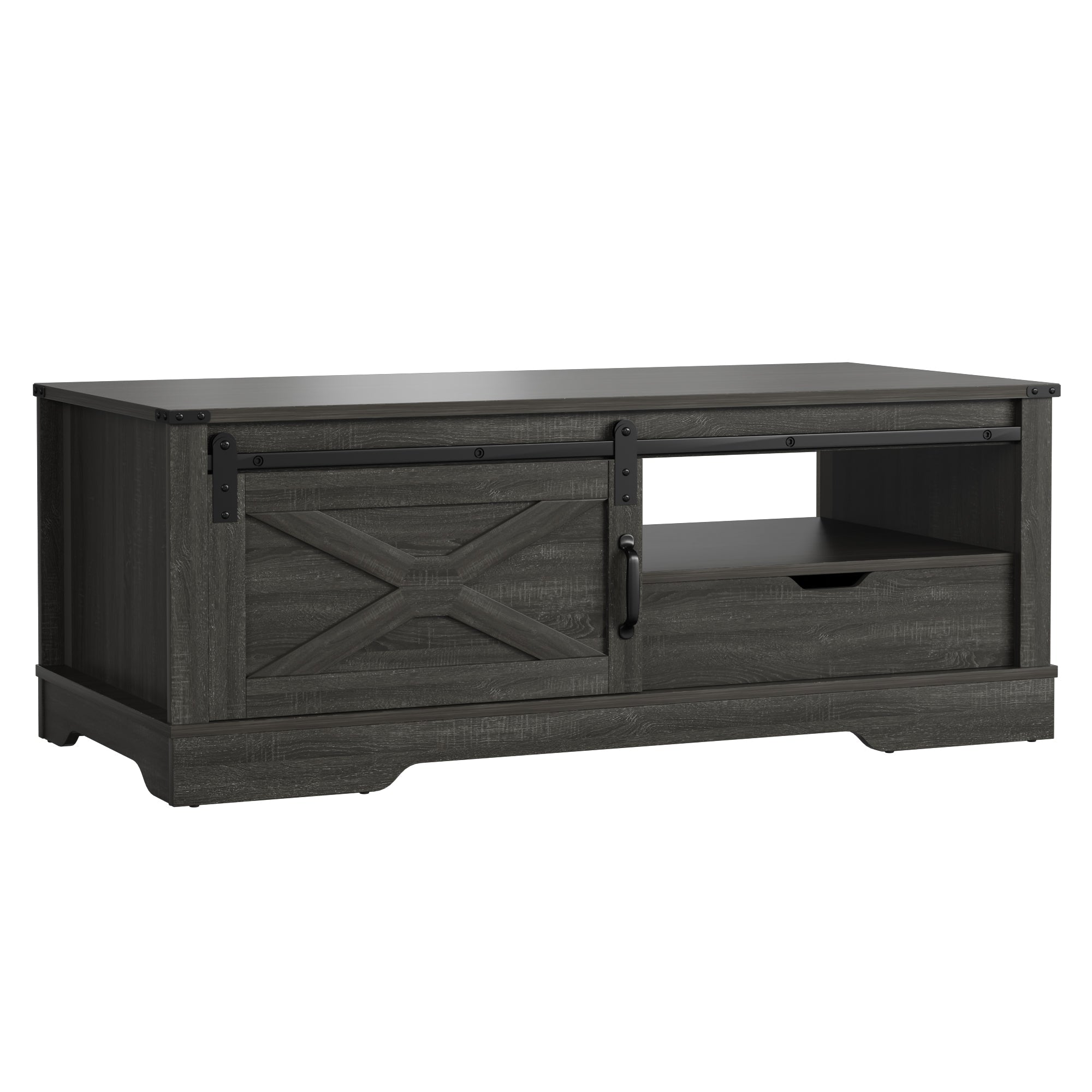 Farmhouse Sliding Barn Door Coffee Storage Large Rectangular Table - Dark Gray