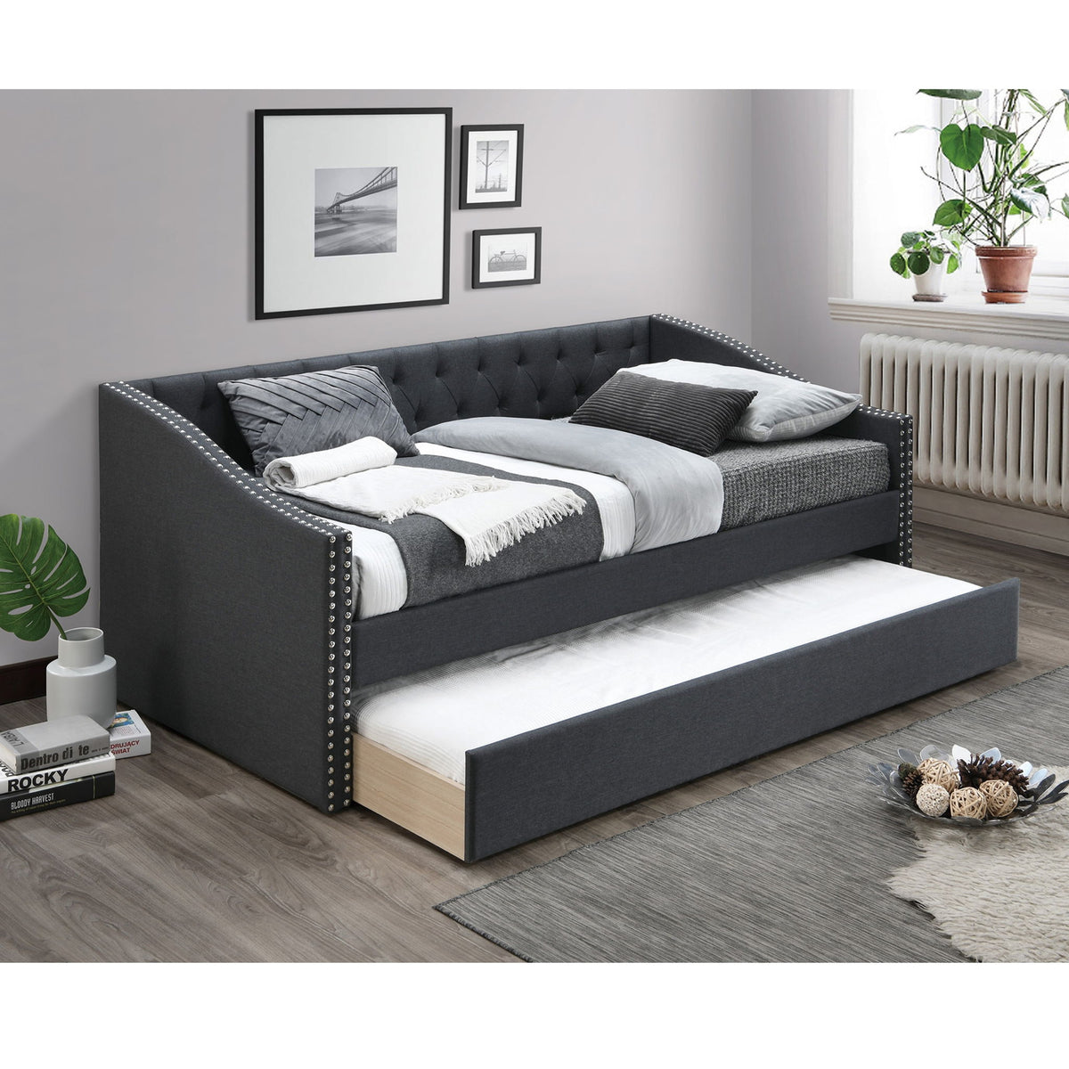 Daybed With Trundle Nailhead Trim Button Tufted