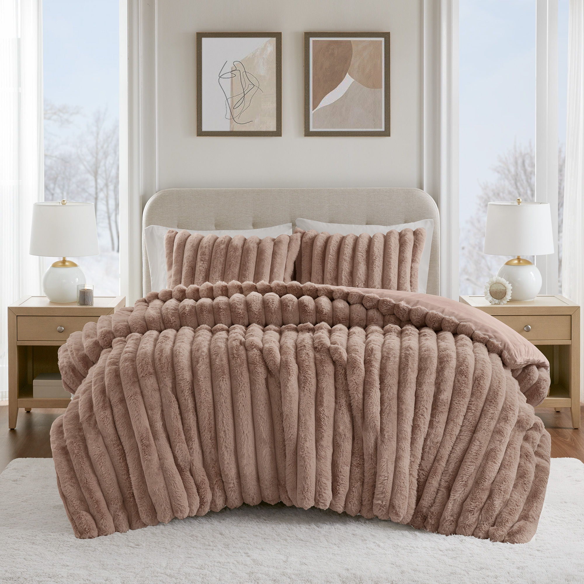 Jasmine - 3 Piece King Faux Fur Comforter Set - Mocha