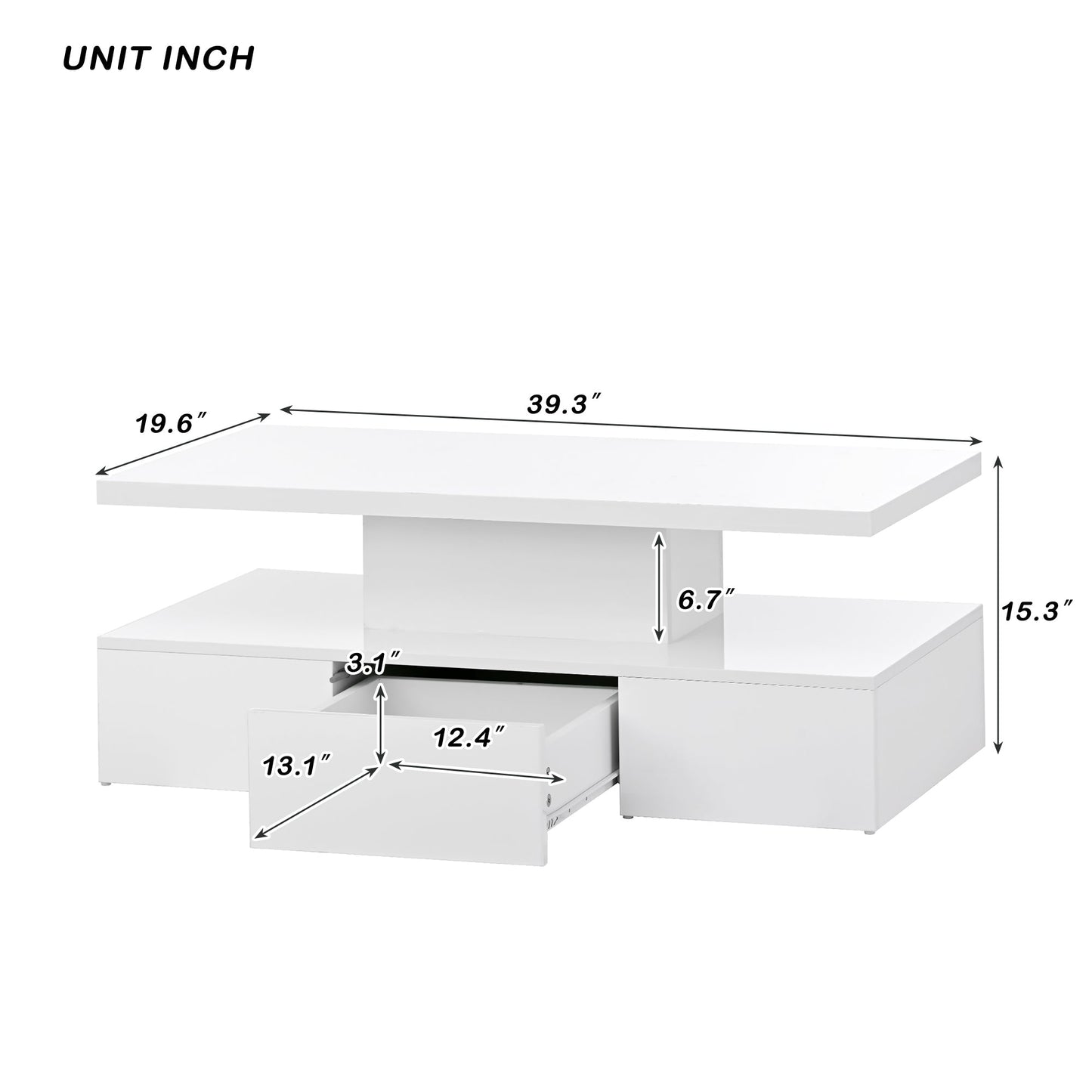 Modern Glossy Coffee Table With Drawer, 2-Tier Rectangle Center Table with LED lighting for Living room, 39.3''x19.6''x15.3'', White