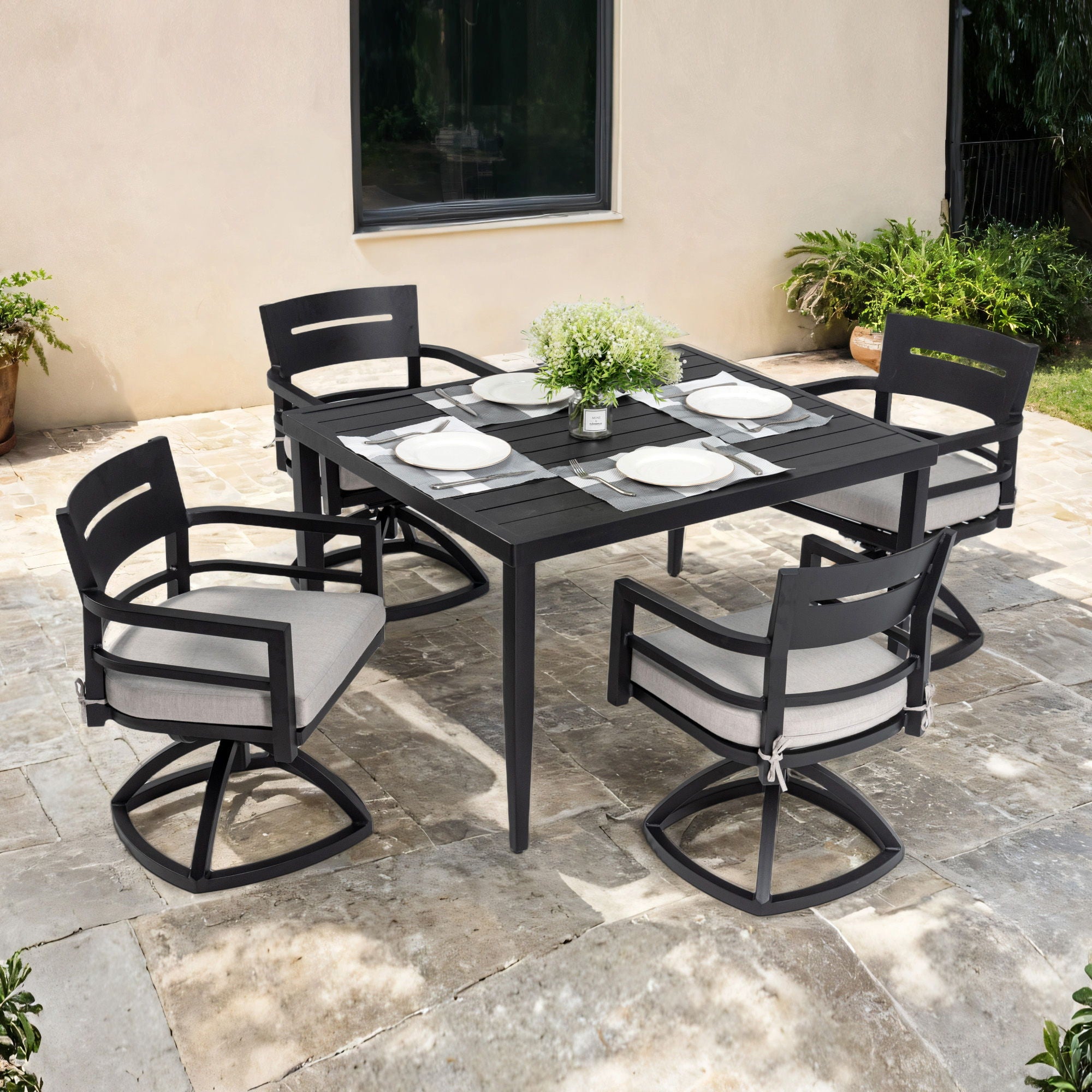 Outdoor Patio Aluminum Furniture, Modern Dining Set, Including 4 Swivel Rockers Sunbrella Cushioned And Square Dining Table With Umbrella Hole