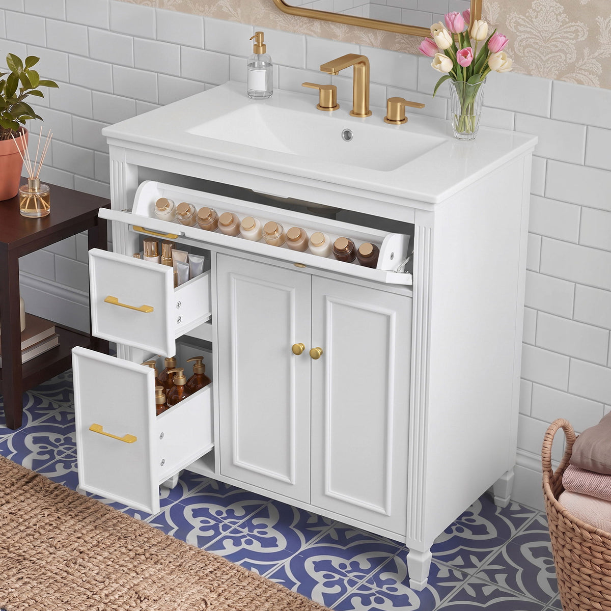 Freestanding Bathroom Vanity With Sink, Soft Close Door, Tip Out Drawer