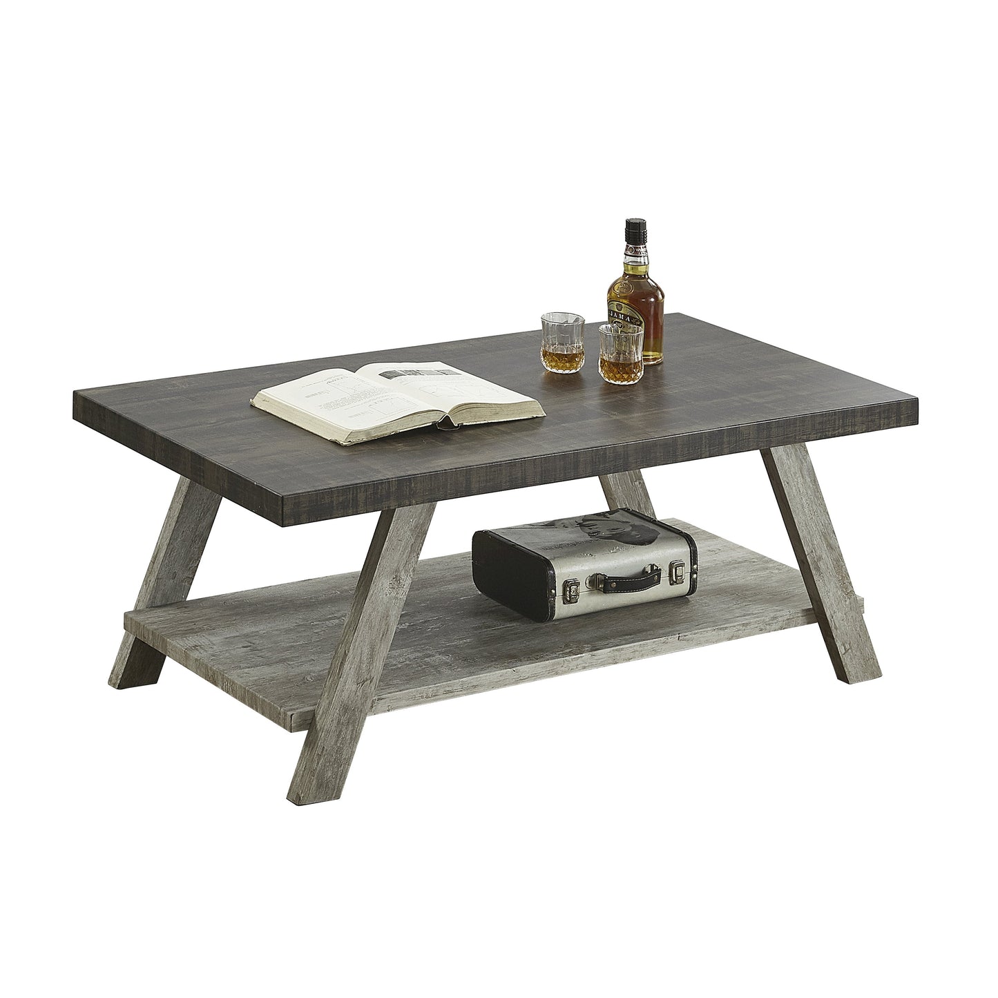 Athens Contemporary Two-Tone Wood Shelf Coffee Table in Weathered Walnut and Gray