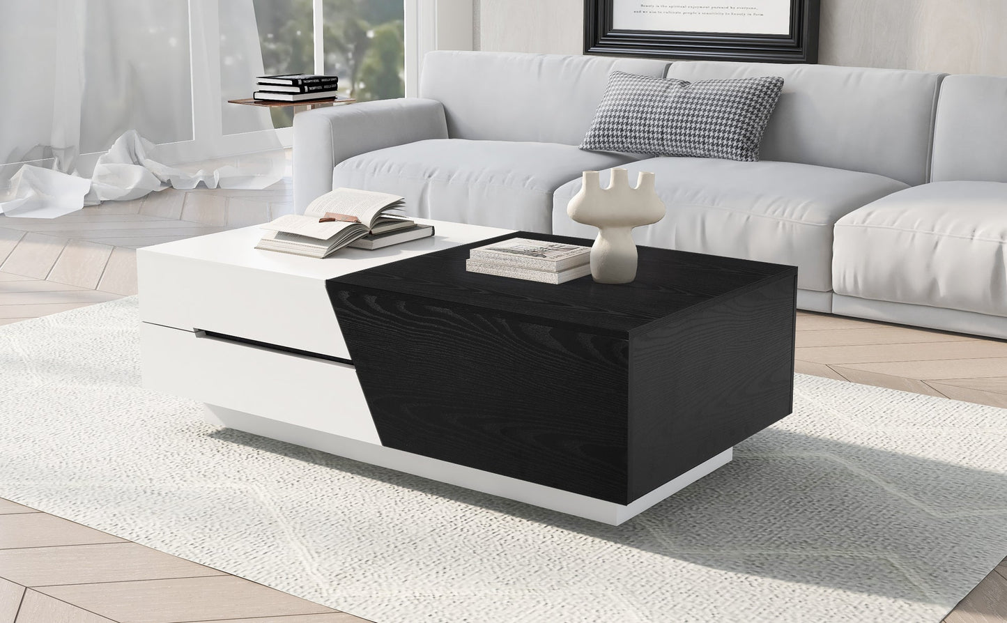 Modern Extendable Sliding Top Coffee Table with Storage in White&Black