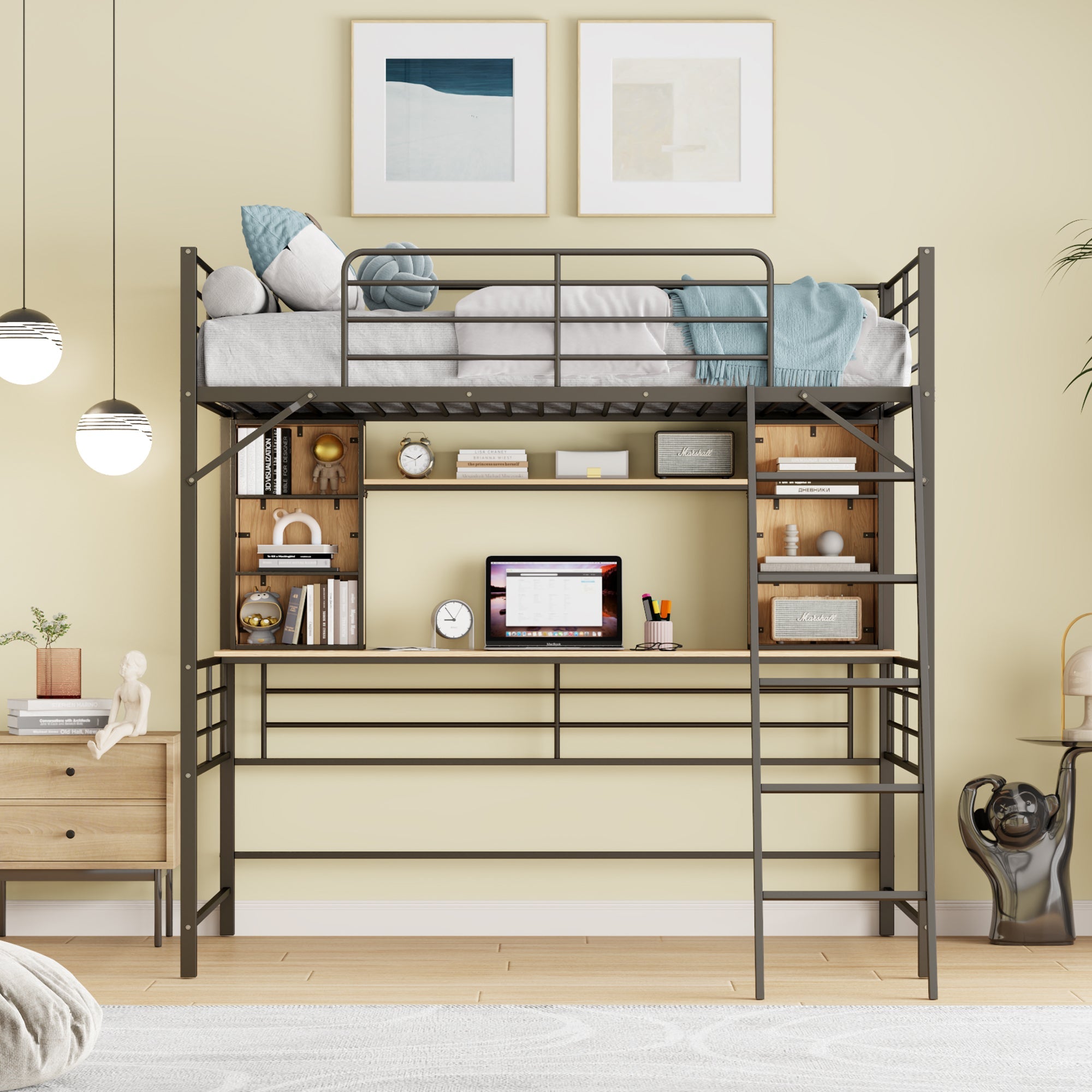 Full Size Loft Bed with Desk and Shelf , Loft Bed with Ladder,Full,Black