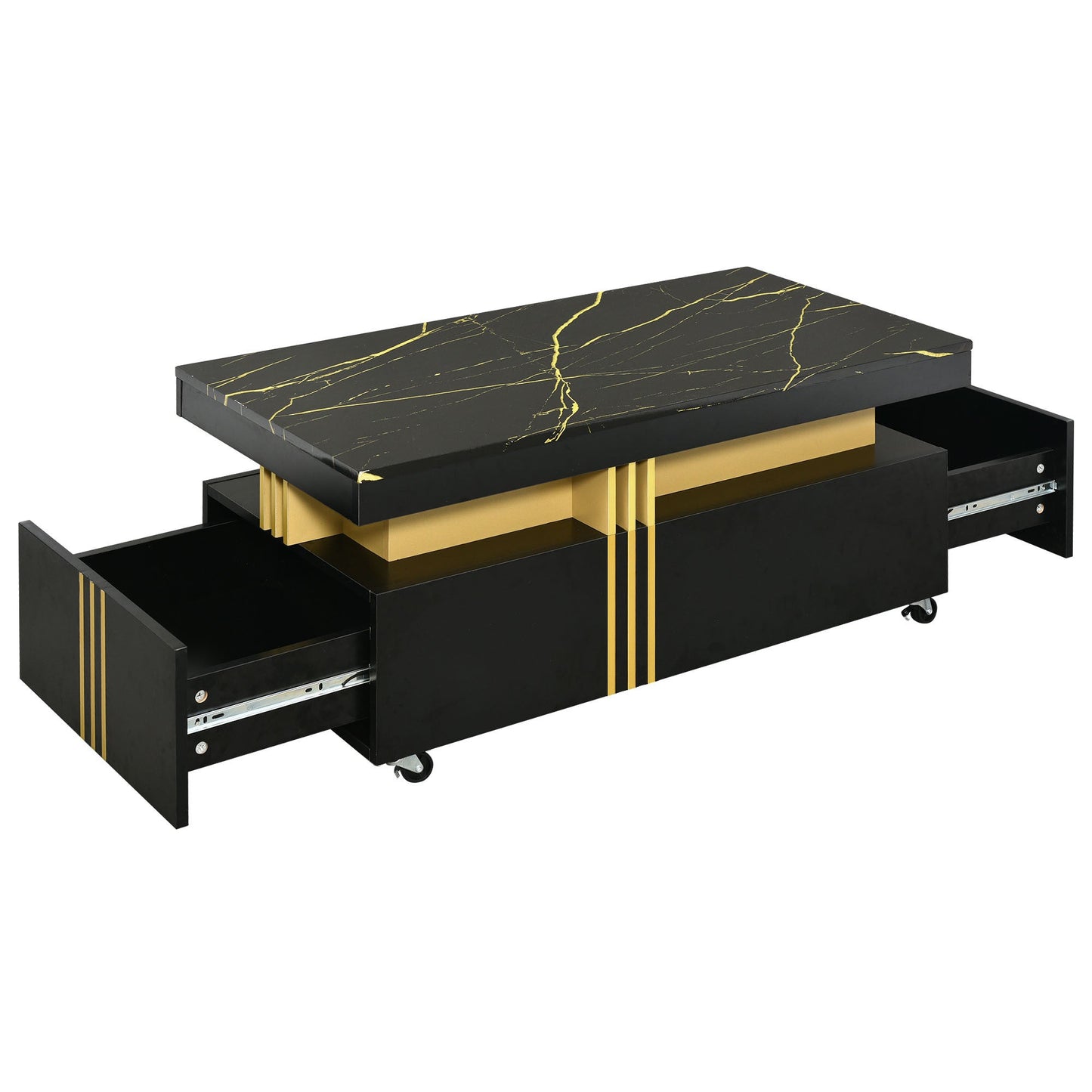 Contemporary Coffee Table with Faux Marble Top, Rectangle Cocktail Table with Caster Wheels, Moderate Luxury Center Table with Gold Metal Bars for Living Room, Black
