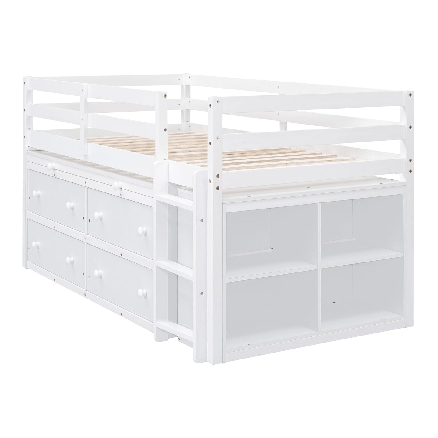 Twin Size Loft Bed with Retractable Writing Desk and 4 Drawers, Wooden Loft Bed with Lateral Portable Desk and Shelves, White