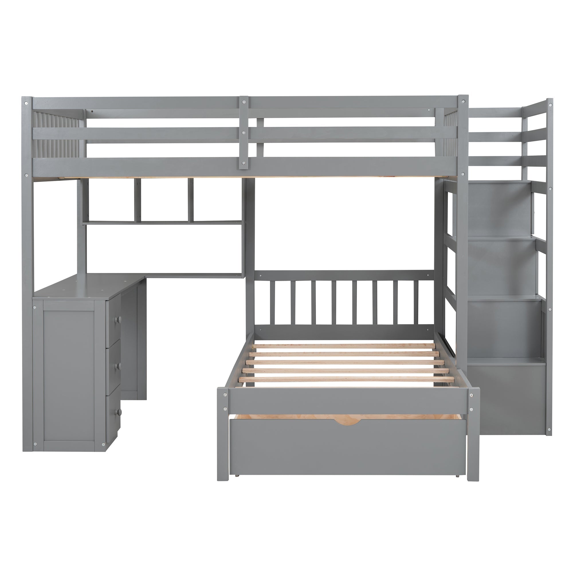 Full Over Twin Bunk Bed with Desk, Drawers and Shelves, Gray