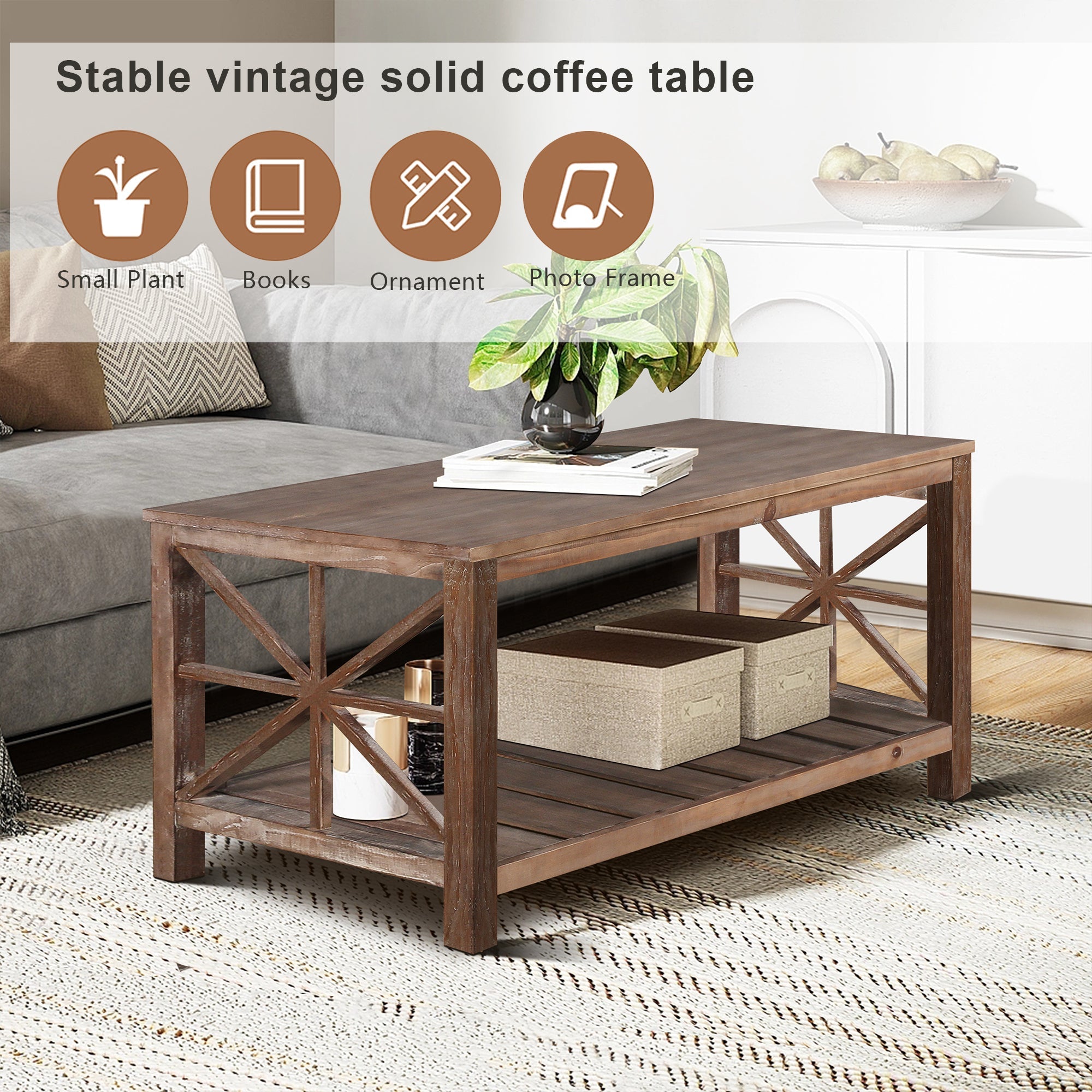 52''W  Handcrafted Coffee Table In Front Of The Sofa Or Loveseat For Living Room(Brwon)