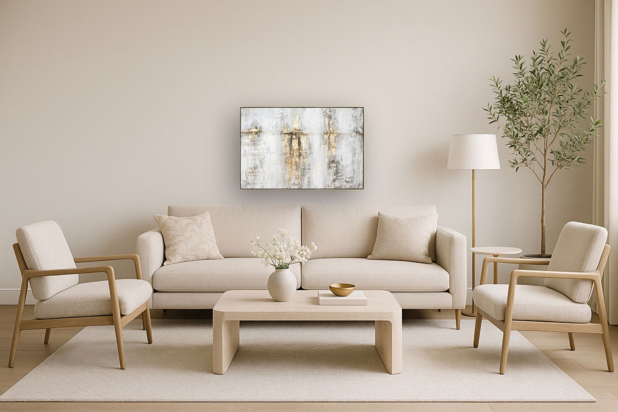 Hand Painted Textured Canvas With Foil In Magic Frame - Pearl Silver