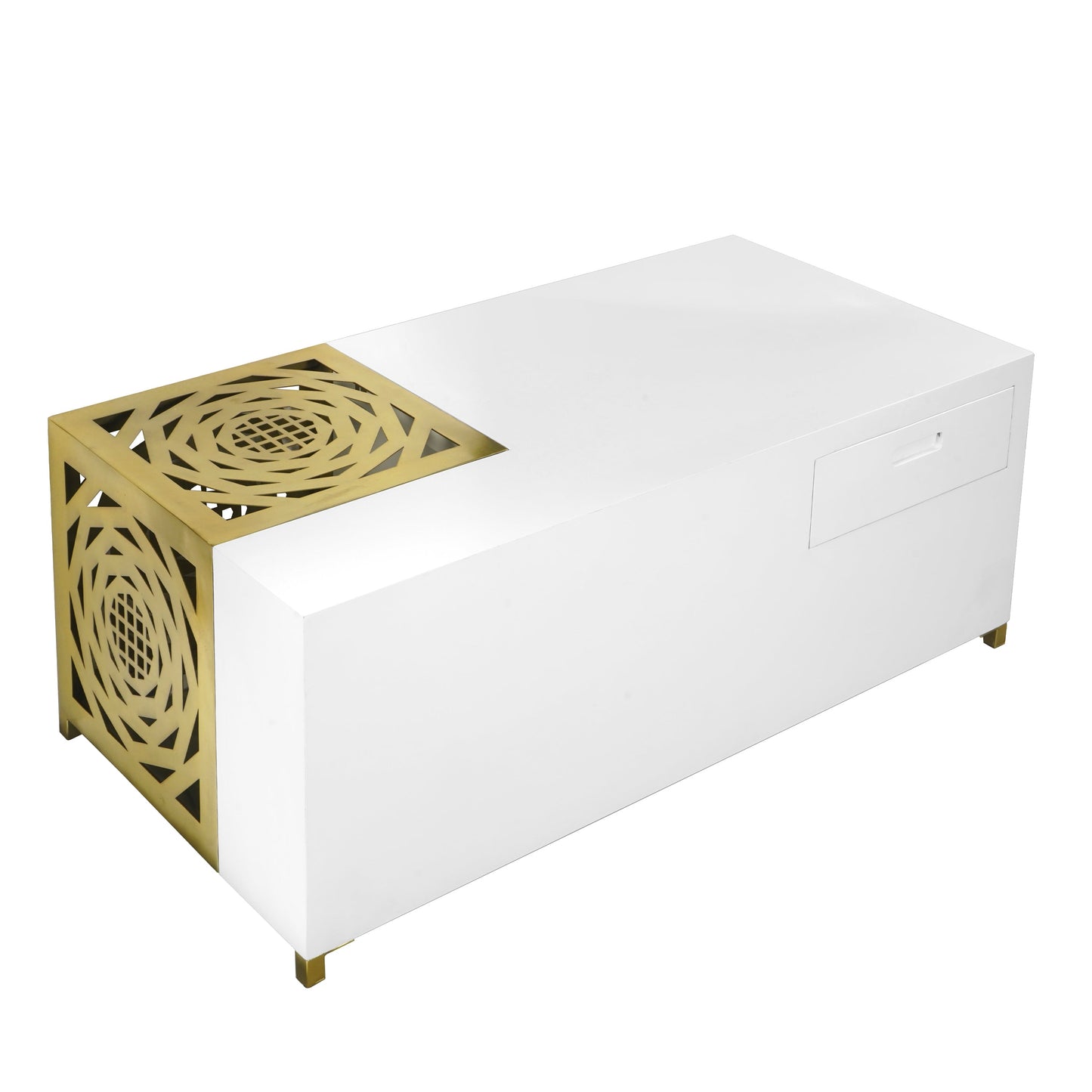 48 Inch Rectangular Modern Coffee Table with Geometric Cut Out Design, White and Brass