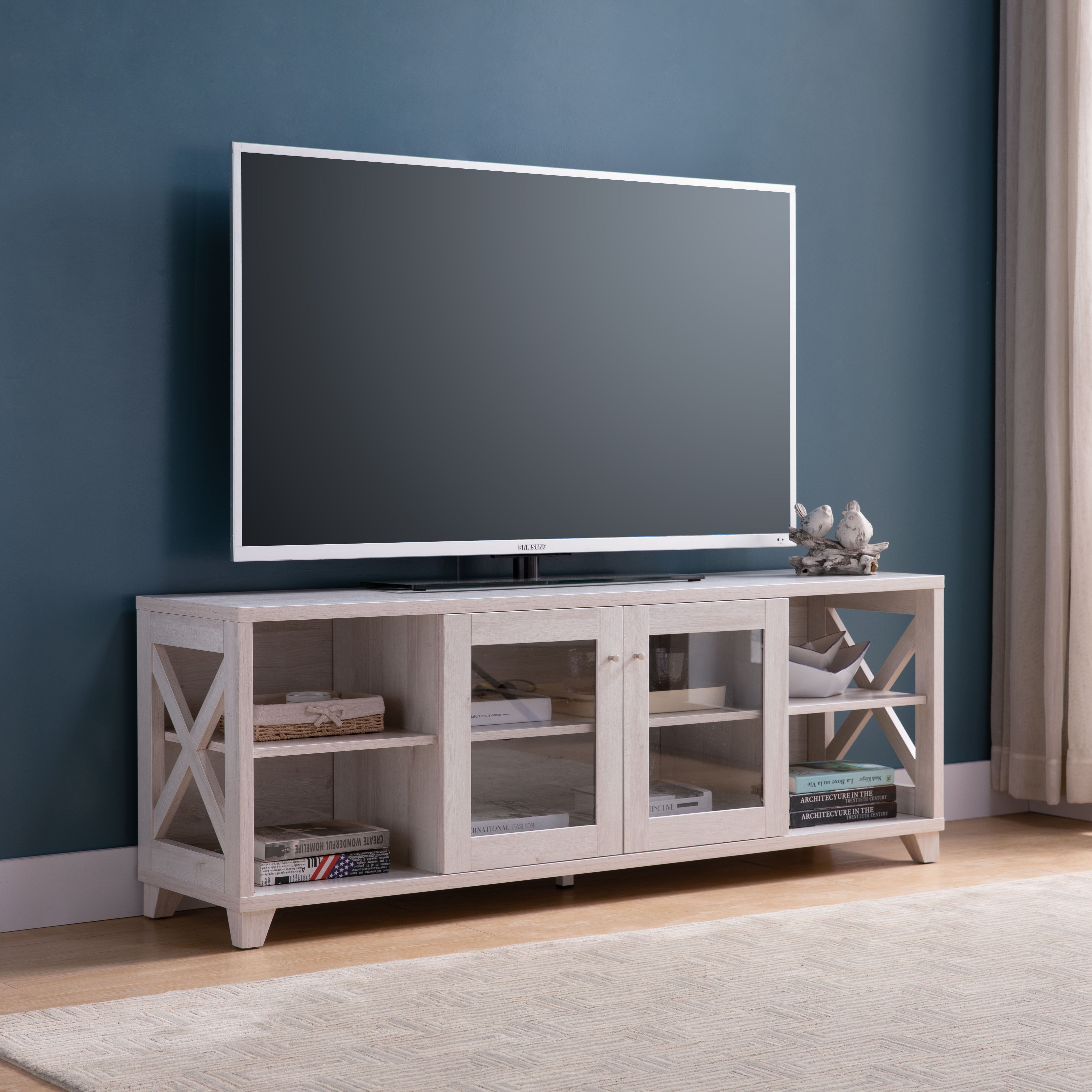 Farmhouse Home Entertainment Center, TV Stand With 4 Shelves And Transparent Center Cabinet - White Oak