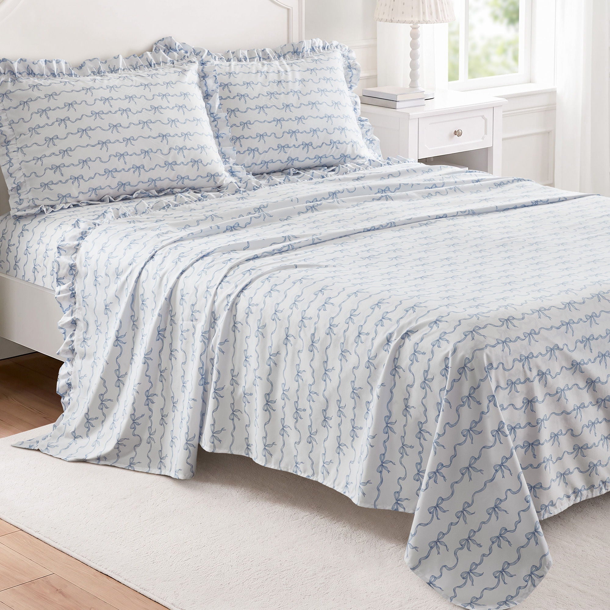 Microfiber Ruffle - Twin Long Sheets - Blue Bow